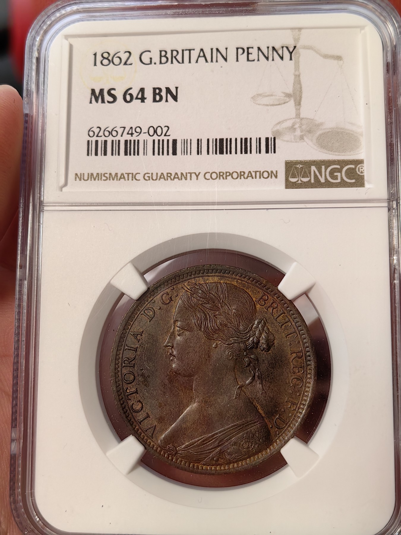 橡树集藏-006场 海纳百川 ngc-Ms64bn 1862年英国维多利亚1便士铜币 底板打制优异 铜色四溢 状态绝佳 感觉低评