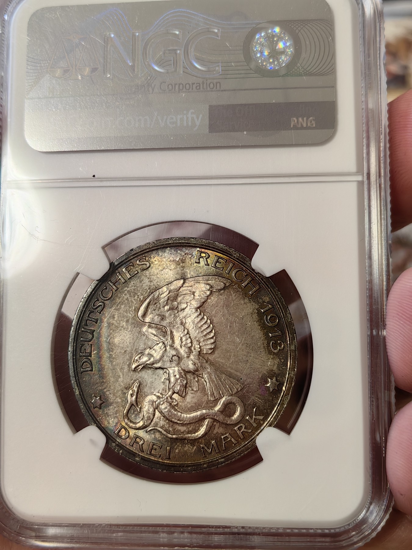 橡树集藏-006场 海纳百川 ngc - MS67 1913年德国3马克 战胜拿破仑 顶级高分精品 完美包浆 浮雕生动 亚军分可遇不可求