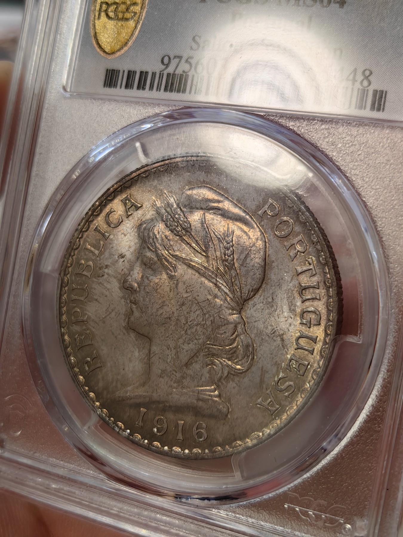 橡树集藏-006场 海纳百川 pcgs-Ms64 1916年葡萄牙埃斯库多大银币，谷物女神。数据库亚军分，仅仅一枚64+更高。官网广告币，双面顶级欧陆老彩浆，实物绝美。Salton Collection，名家旧藏。欧陆女神大银币，热门潜力股。