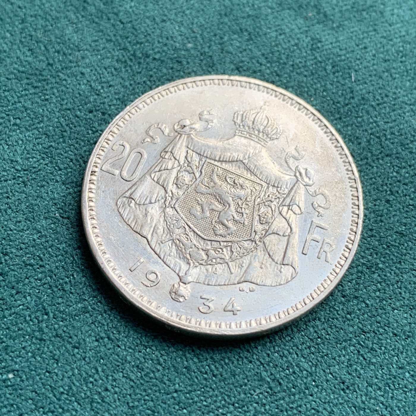 《竞宝斋》第180场-周日，周一2场 (全场包邮) 比利时1934年阿贝尔一世头像20法郎银币。680银，直径28mm，重量11g