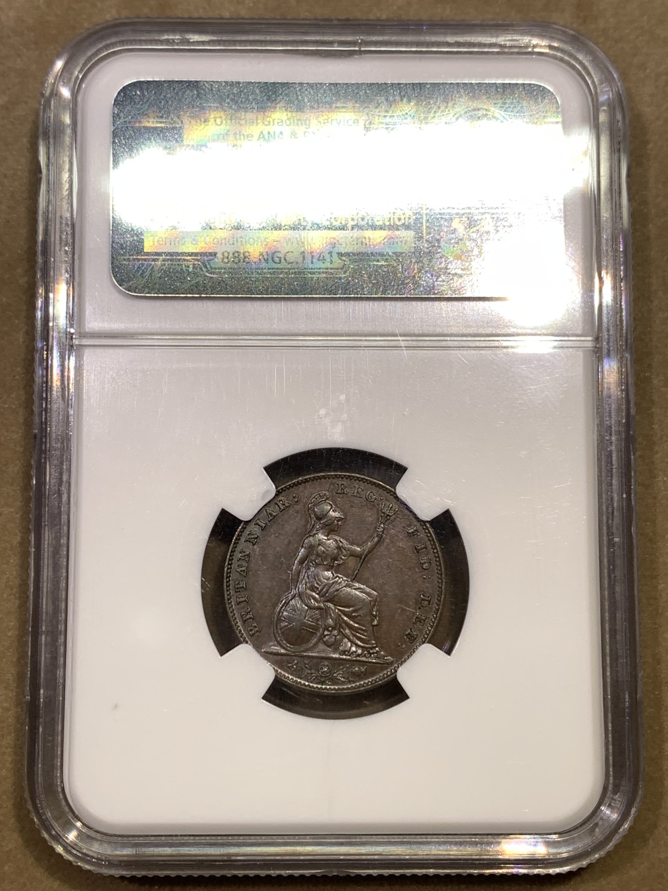 《竞宝斋》第180场-周日，周一2场 (全场包邮) NGC AU58BN 英国 1846年 早期小维 1/4便士=1法新 铜币 巧克力包浆 难得状态