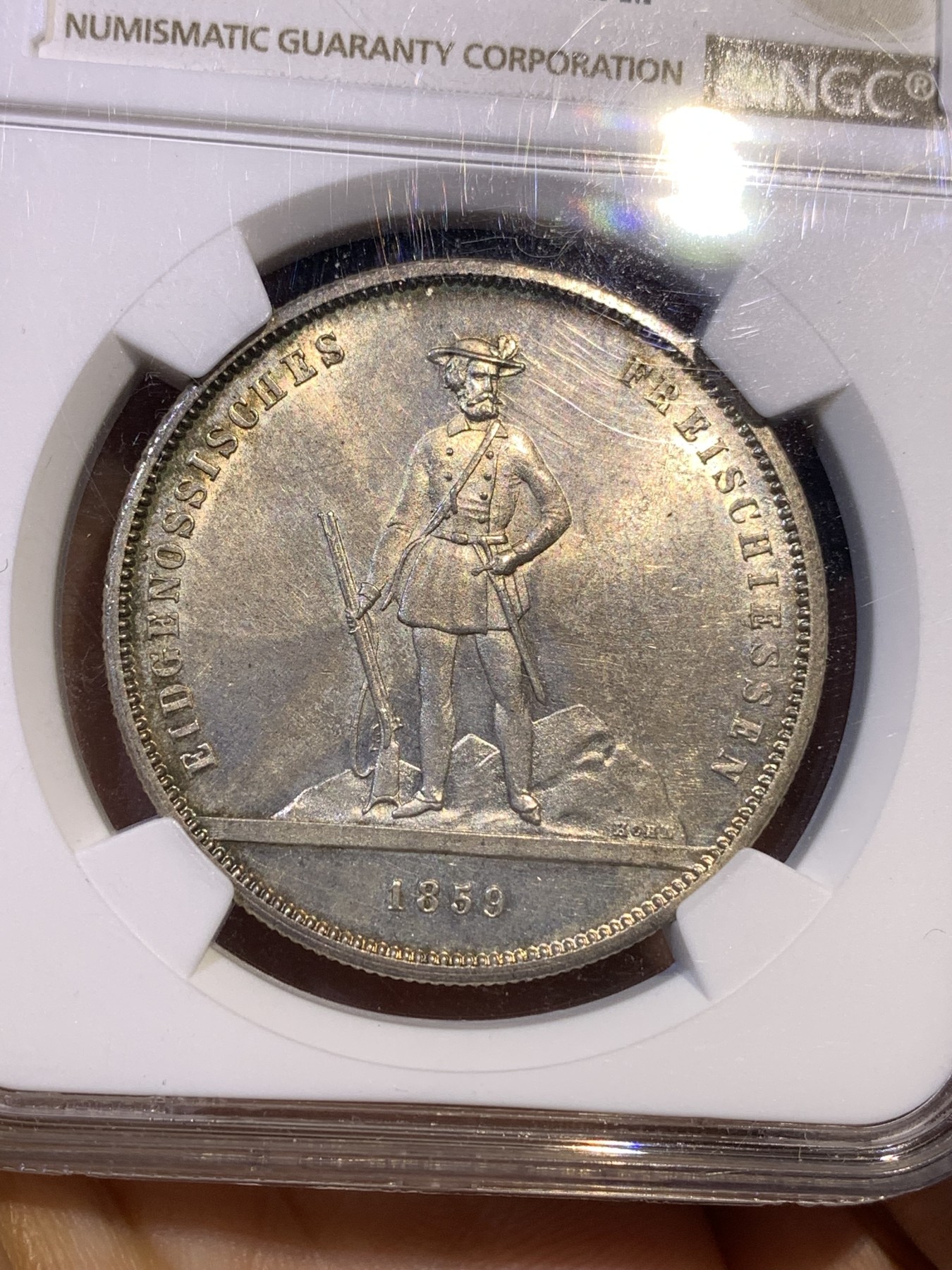 《竞宝斋》第180场-周日，周一2场 (全场包邮) NGC MS62 瑞士射击节1859年苏黎世5法郎银币 经典设计 只有6000枚的发行量