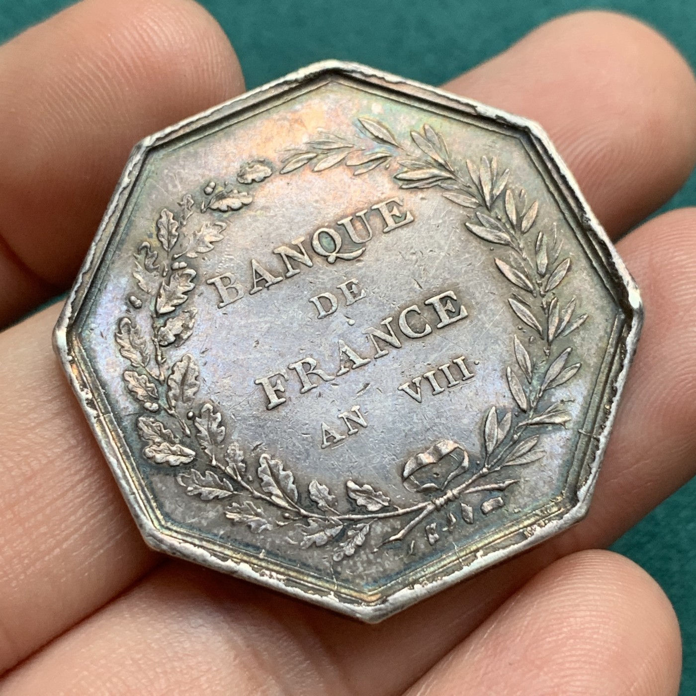 《竞宝斋》第180场-周日，周一2场 (全场包邮) 法国1845-1860年法兰西银行八角银质代币36mm，22.4g  Aregnt边铭 早期年份