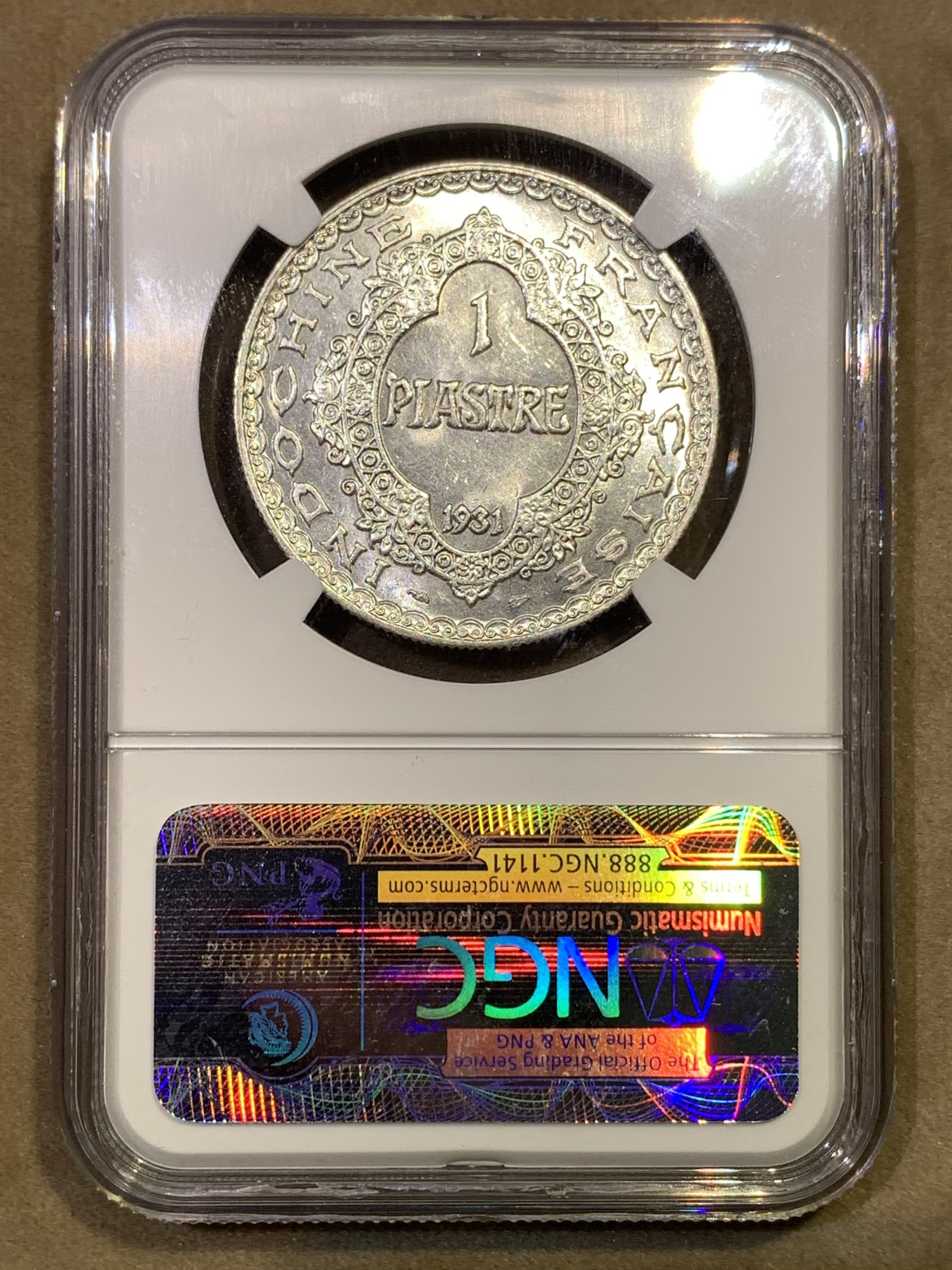 《竞宝斋》第180场-周日，周一2场 (全场包邮) NGC–AU55 1931年法属印支坐洋关门币，银光闪闪。