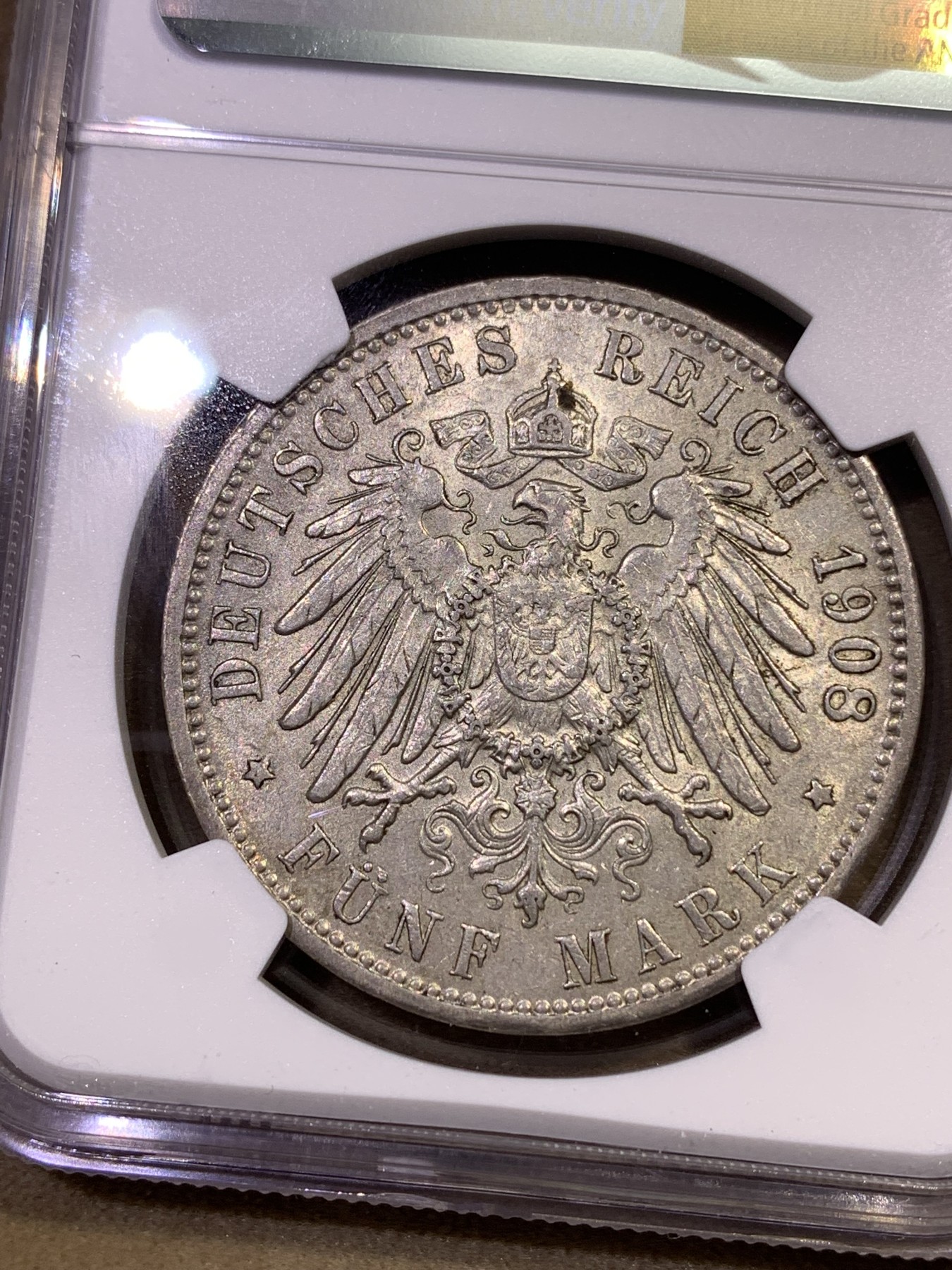 《竞宝斋》第180场-周日，周一2场 (全场包邮) NGC-AU58 德国1908汉堡 5马克银币 此年份比1913的少见