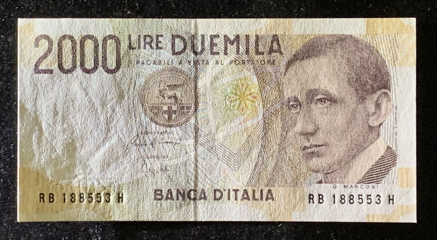 紫瑗钱币——第306期拍卖 意大利 1990年 马可尼 末版 2000里拉 UNC