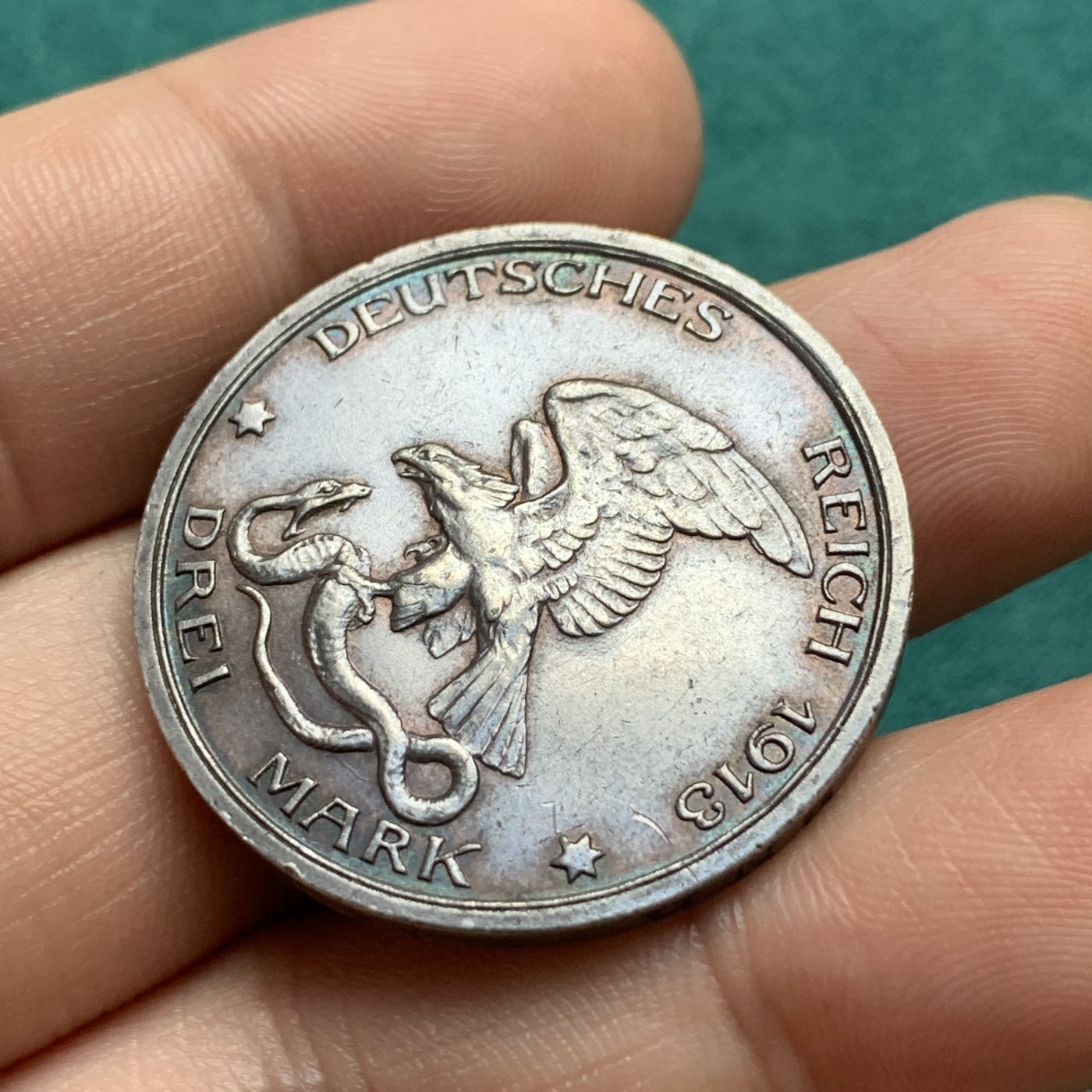 《竞宝斋》第180场-周日，周一2场 (全场包邮) 德国普鲁士1913年莱比锡战胜拿破仑100周年3马克银币 老包浆