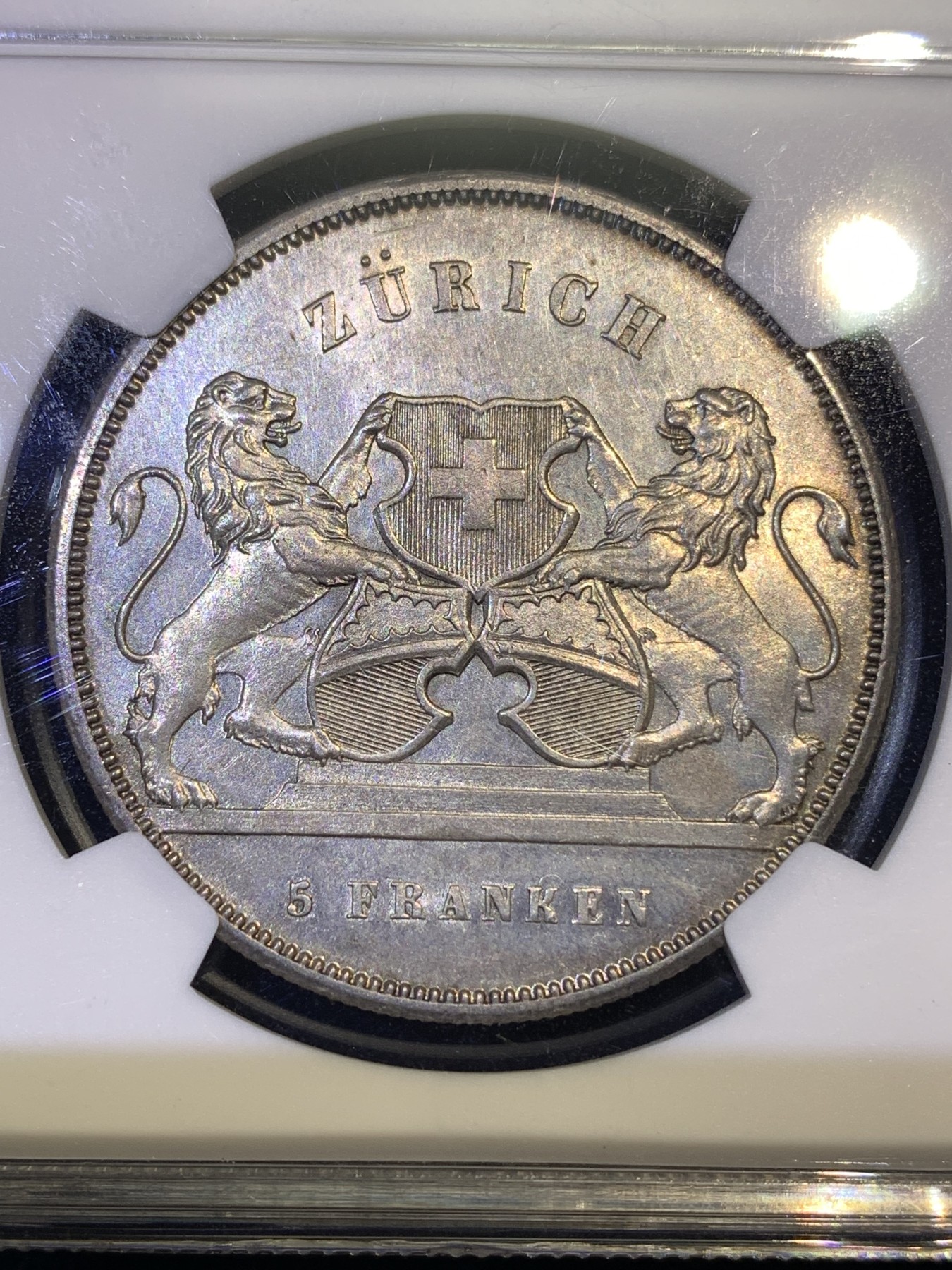 《竞宝斋》第180场-周日，周一2场 (全场包邮) NGC MS62 瑞士射击节1859年苏黎世5法郎银币 经典设计 只有6000枚的发行量