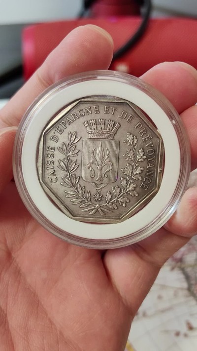 橡树集藏-006场 海纳百川 UNC1834法国里昂银代币jeton 鸢尾花纹章 丰饶角边铭 枪灰色氧化层 Matte质感 