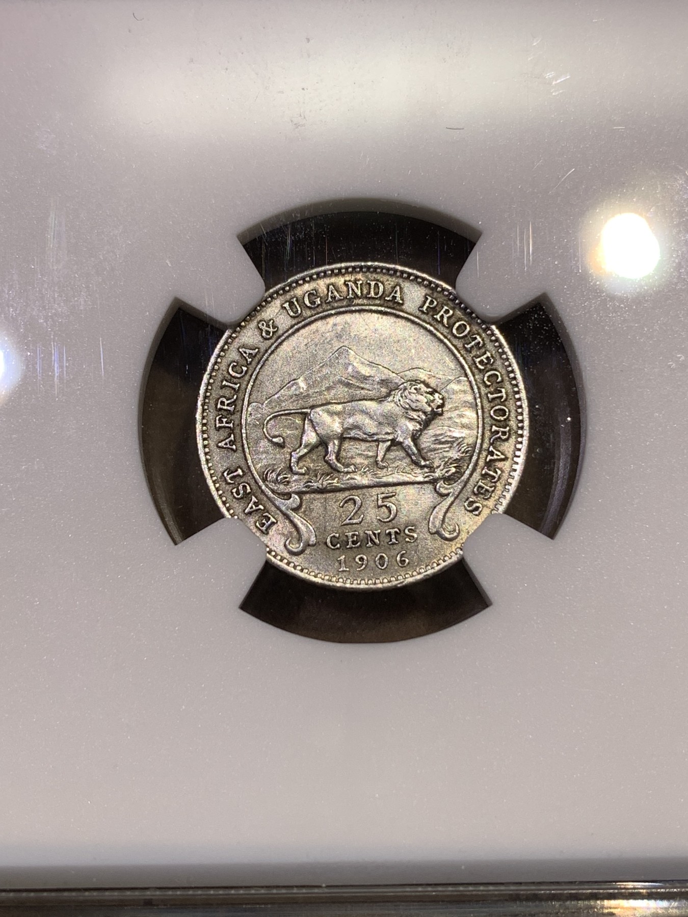 《竞宝斋》第180场-周日，周一2场 (全场包邮) NGC-UNCD 英属东非1906年爱德华七世25分银币，少见早期高银品种。