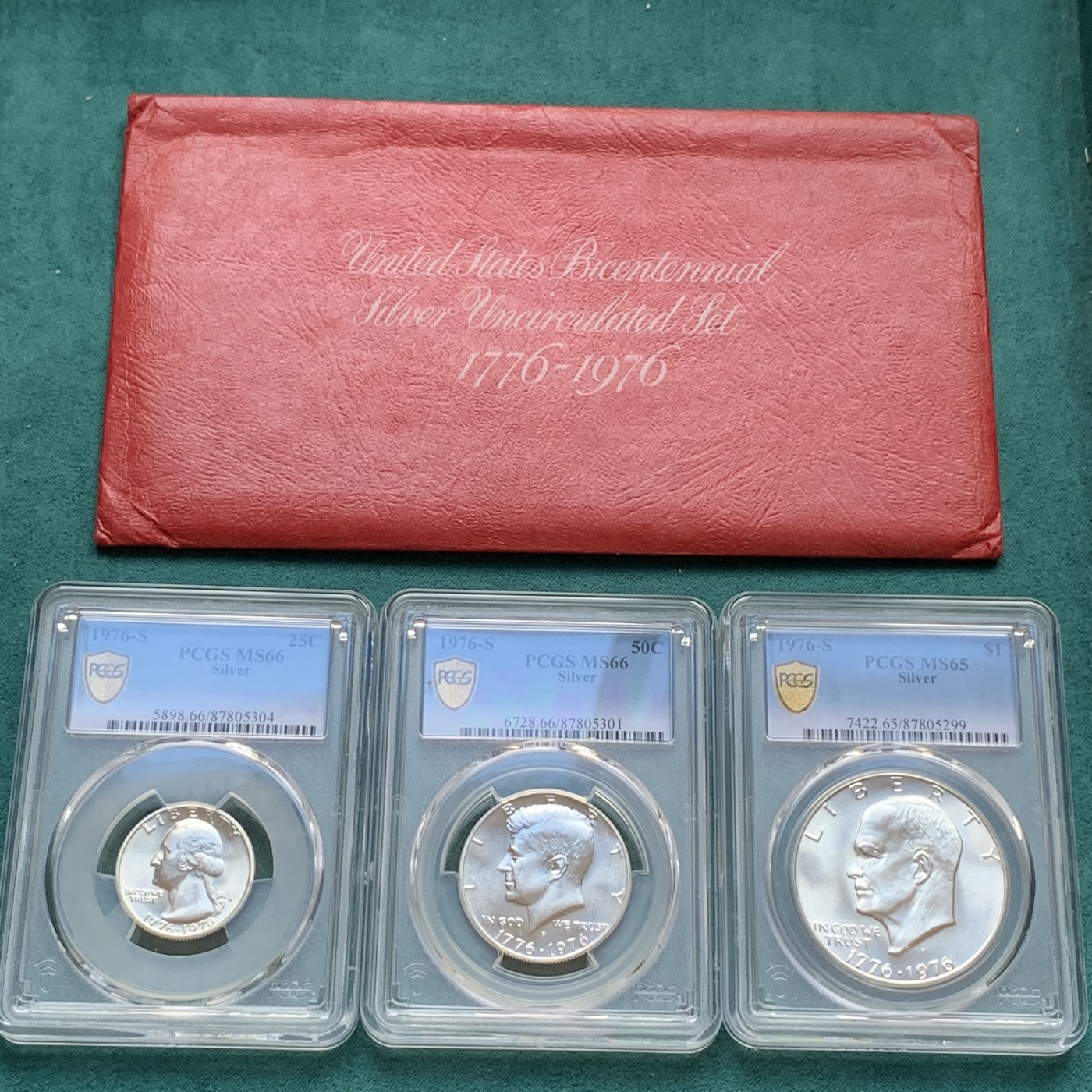 《竞宝斋》第180场-周日，周一2场 (全场包邮) 3枚一组 PCGS MS65-66 美国建国300周年纪念银币一组三枚，银币少见 带袋子 高分