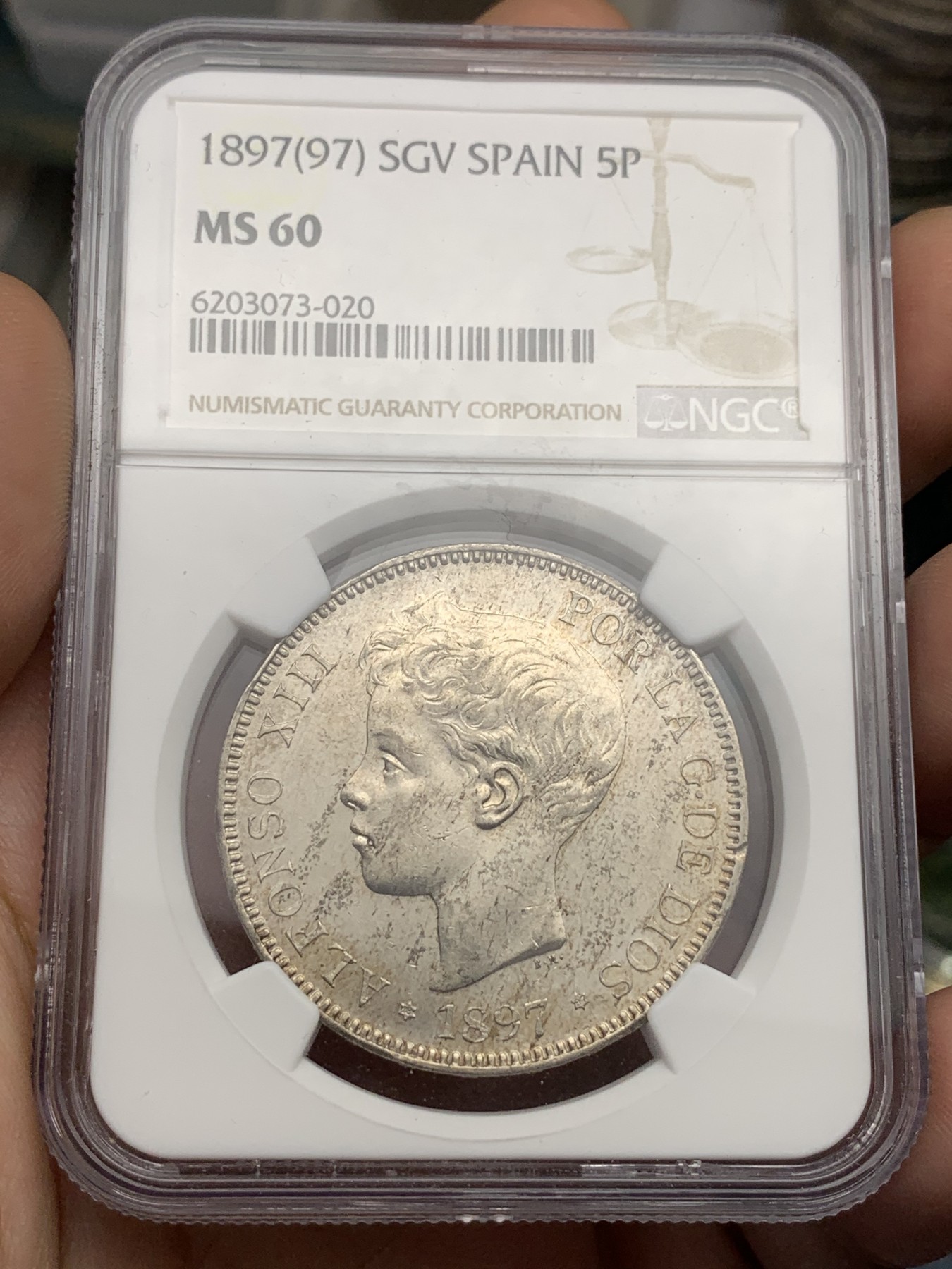 《竞宝斋》第180场-周日，周一2场 (全场包邮) NGC-MS60 西班牙 双柱 1897（97）阿方索十三世 5比塞塔银币