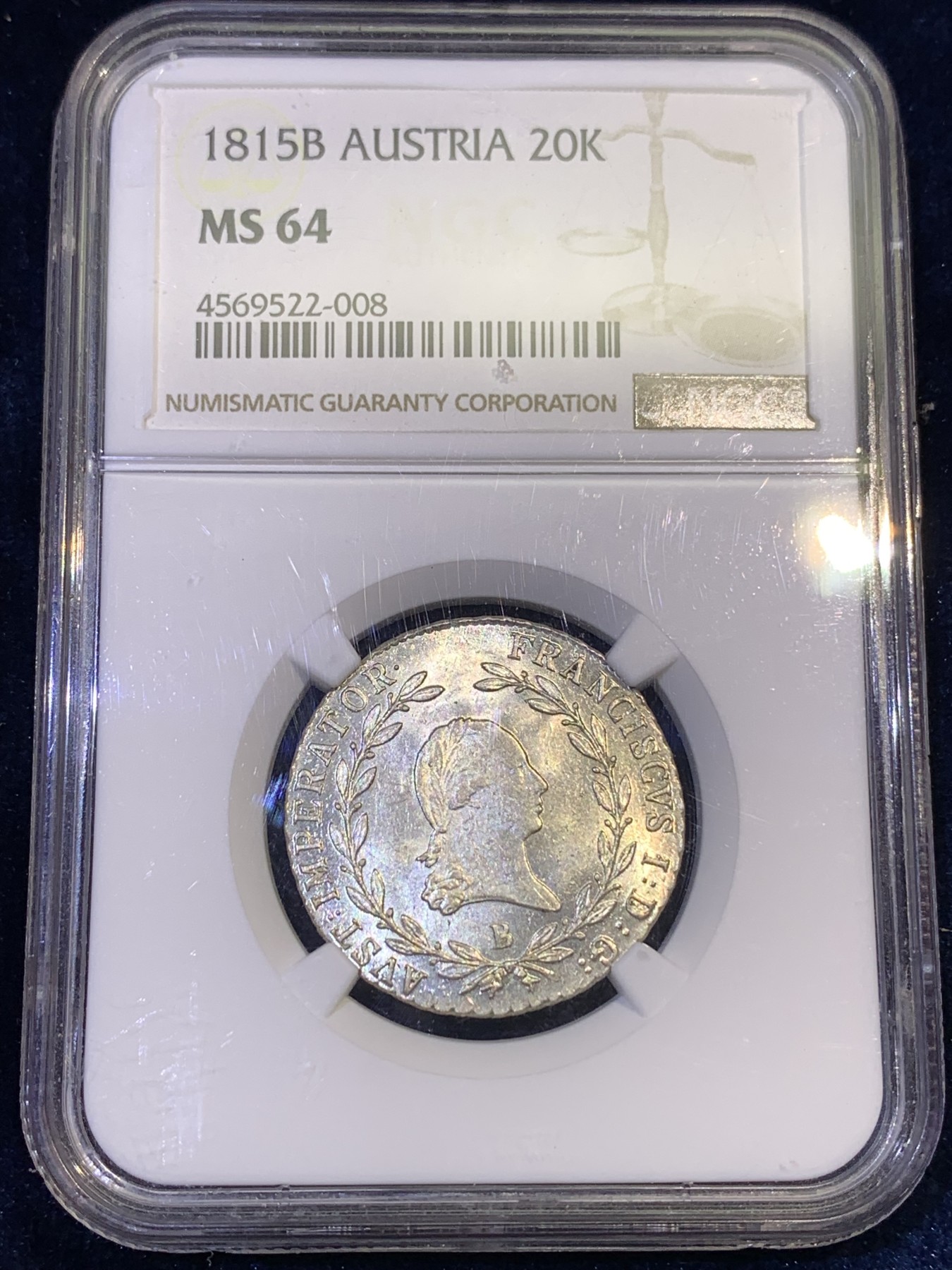 《竞宝斋》第180场-周日，周一2场 (全场包邮) NGC MS64 奥地利帝国1815B佛朗茨一世20K银辅币 白净状态好