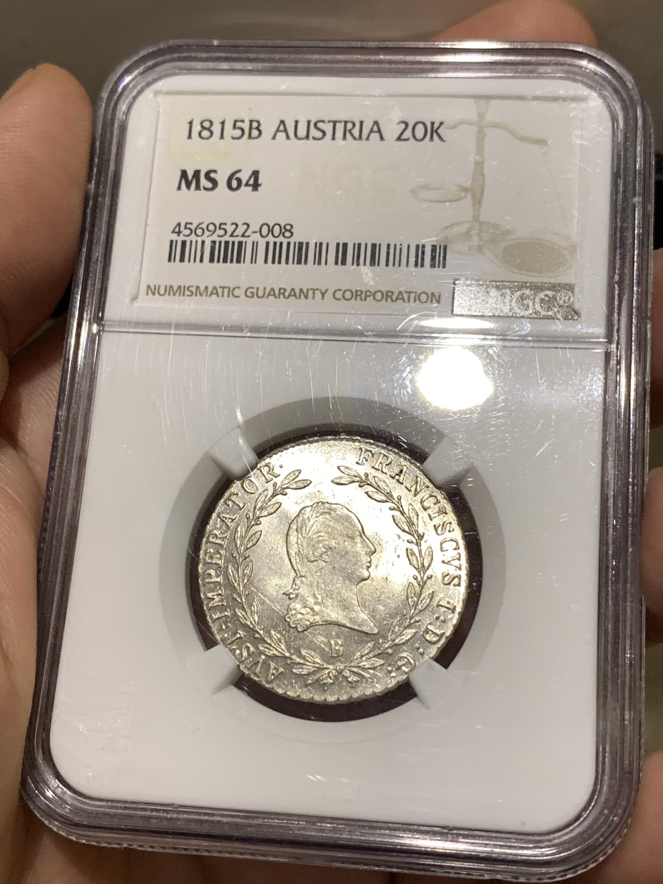 《竞宝斋》第180场-周日，周一2场 (全场包邮) NGC MS64 奥地利帝国1815B佛朗茨一世20K银辅币 白净状态好