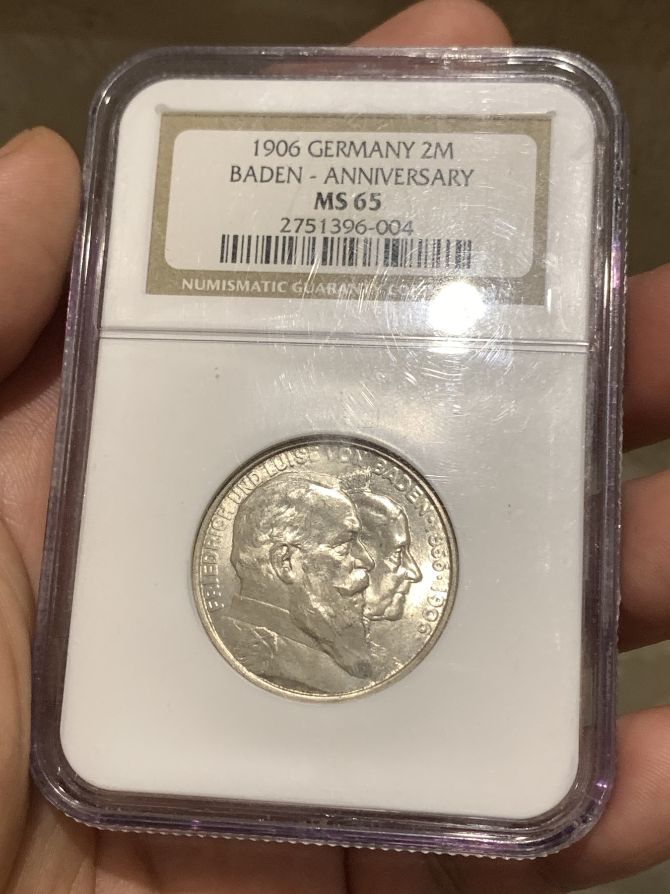 《竞宝斋》第180场-周日，周一2场 (全场包邮) NGC-MS65 德国巴登 1906年 金婚纪念 2马克银币 非常漂亮 高等级分数