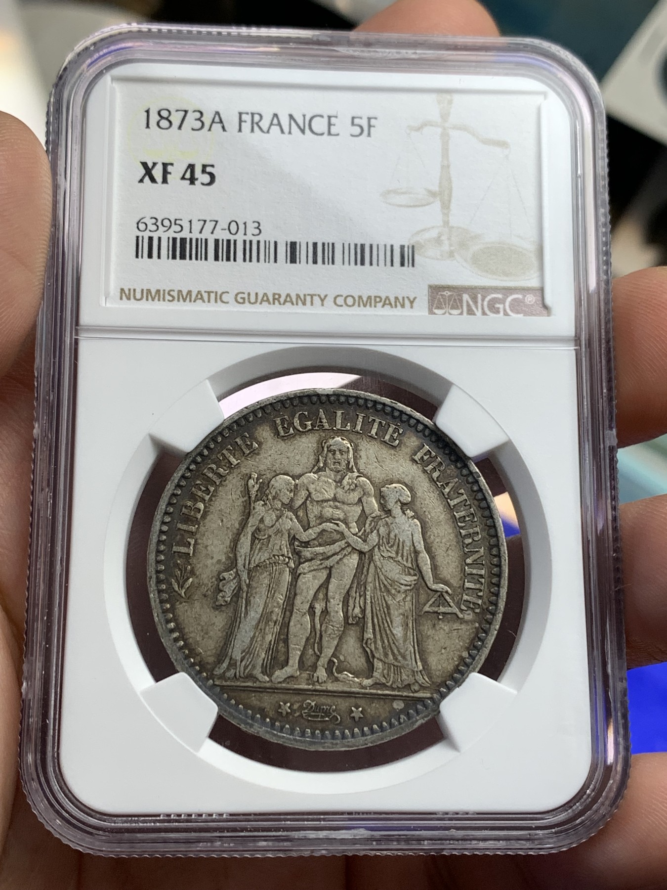 《竞宝斋》第180场-周日，周一2场 (全场包邮) NGC XF45 法国1873A大力神5法郎银币 厚黑包浆