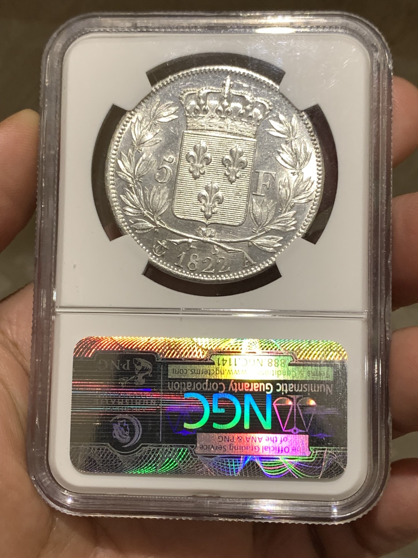 《竞宝斋》第180场-周日，周一2场 (全场包邮) NGC AU58法国1822年波旁王朝国王路易十八5法郎银币 不多的年份 整体白净 老盒评级