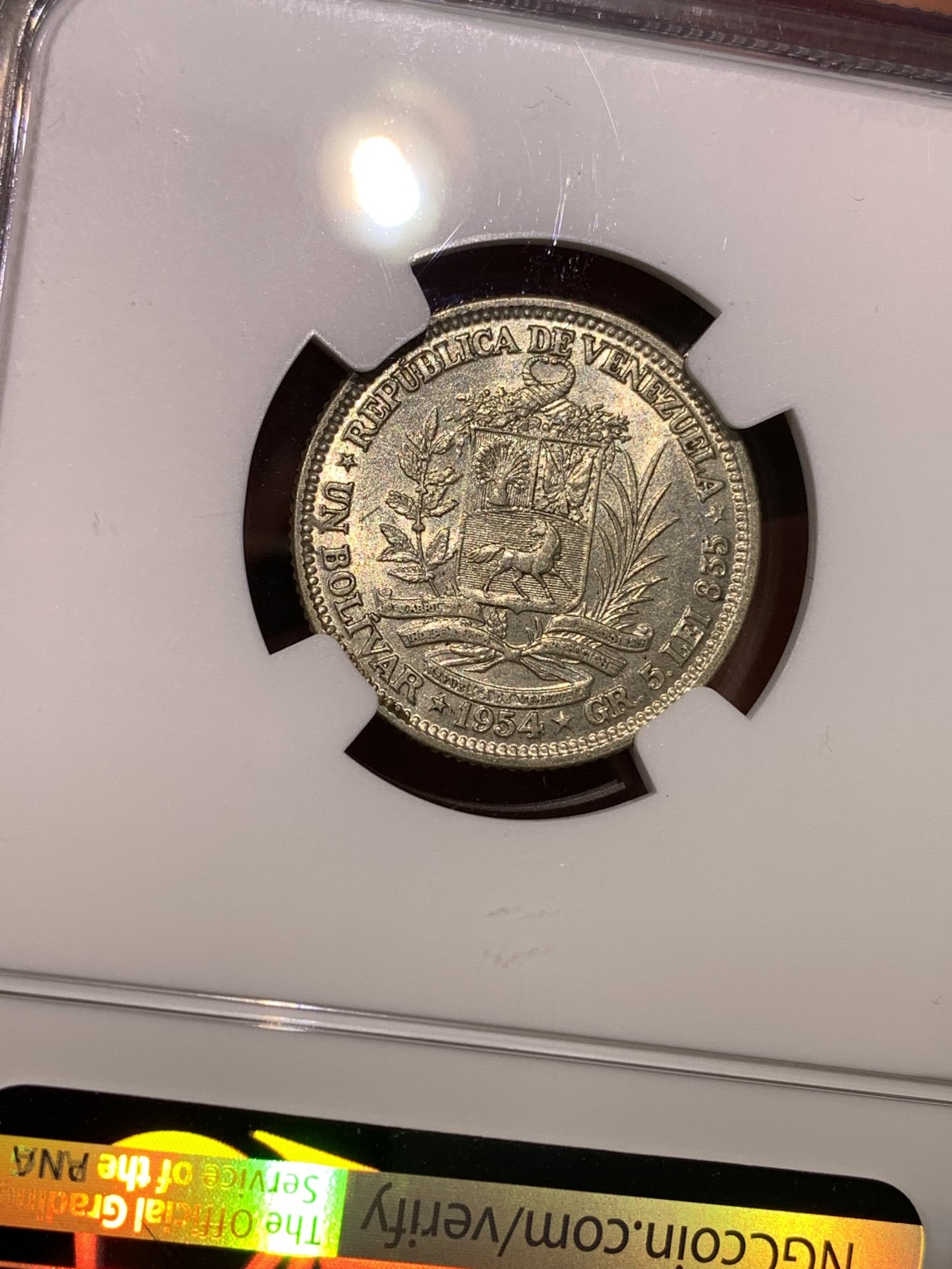 《竞宝斋》第180场-周日，周一2场 (全场包邮) NGC MS63 委内瑞拉 1954年 1玻利瓦尔银币