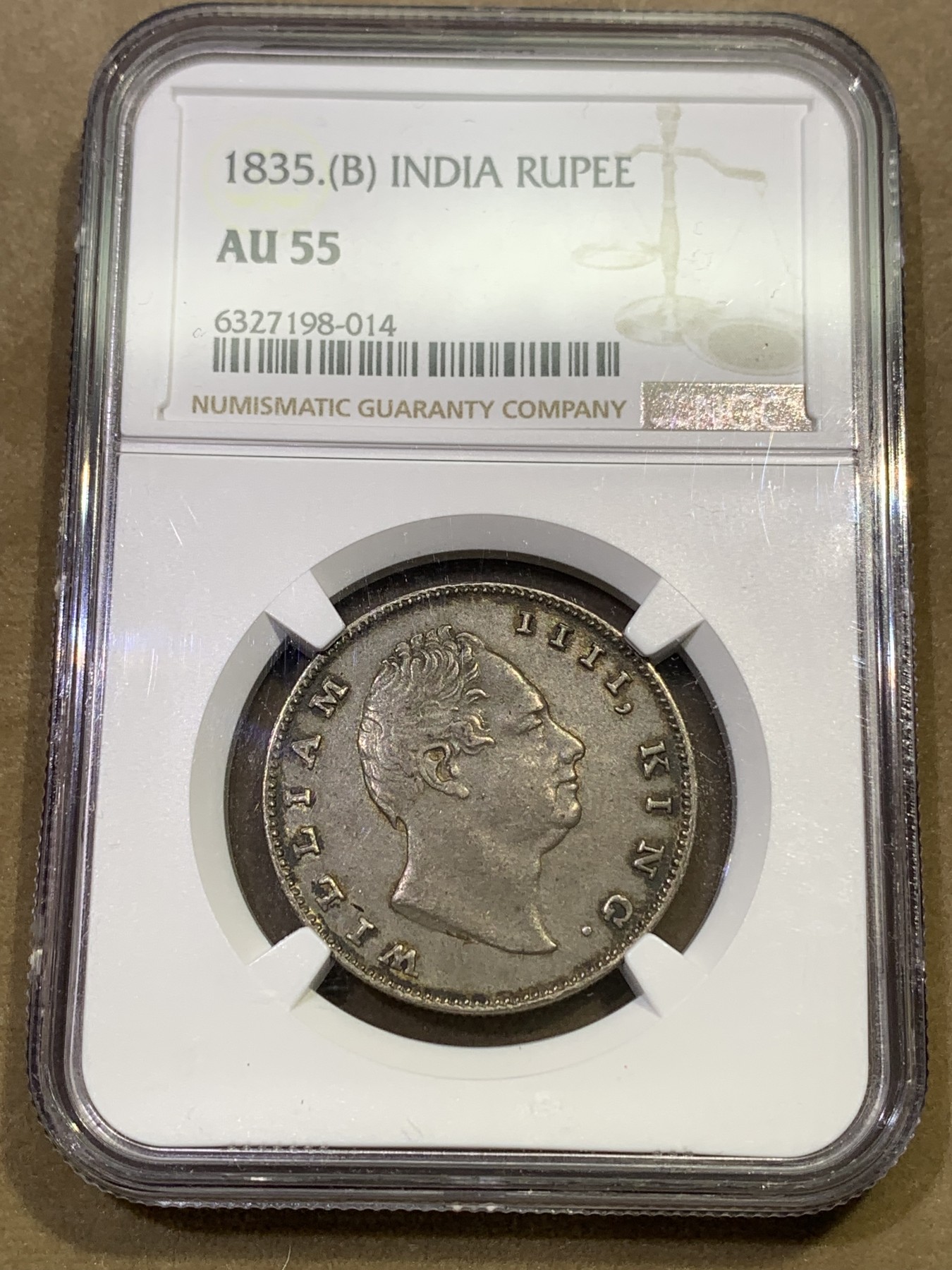 《竞宝斋》第180场-周日，周一2场 (全场包邮) NGC-AU55 1835年印度威廉四世卢比 少见威四卢比，这个包浆很不错，可以收藏