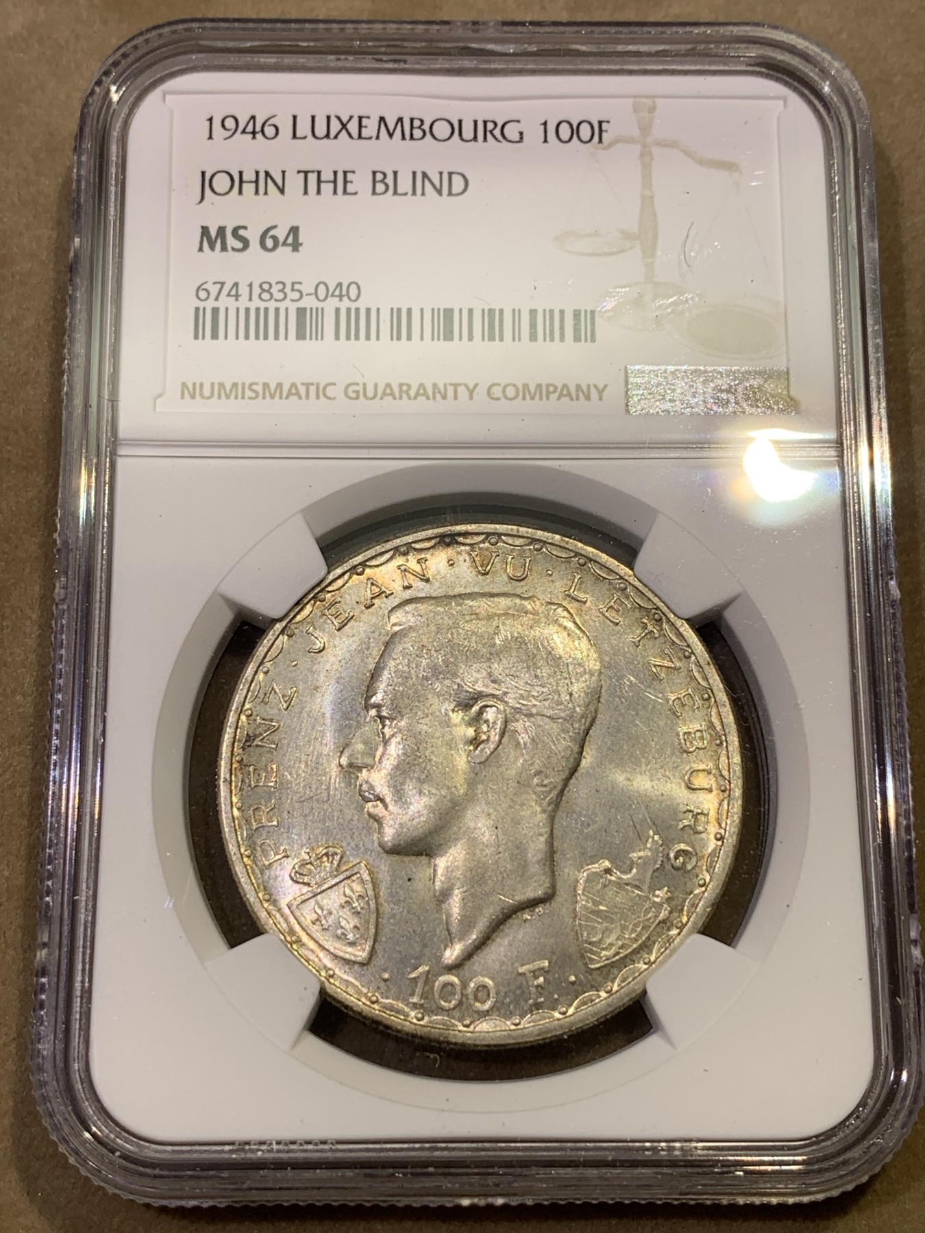 《竞宝斋》第180场-周日，周一2场 (全场包邮) NGC MS 64 卢森堡1946年100法郎马剑大银币