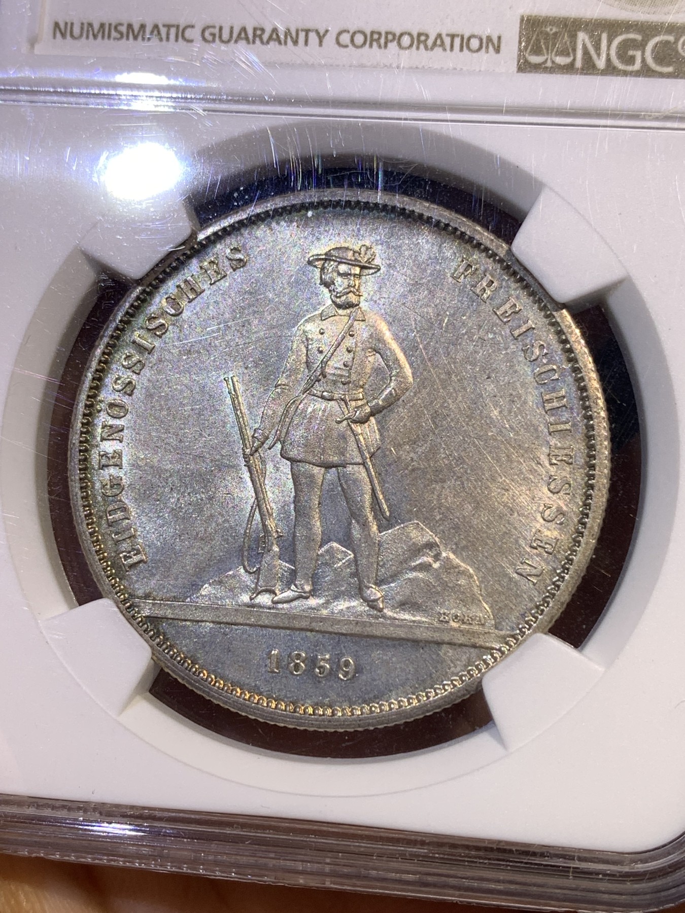 《竞宝斋》第180场-周日，周一2场 (全场包邮) NGC MS62 瑞士射击节1859年苏黎世5法郎银币 经典设计 只有6000枚的发行量