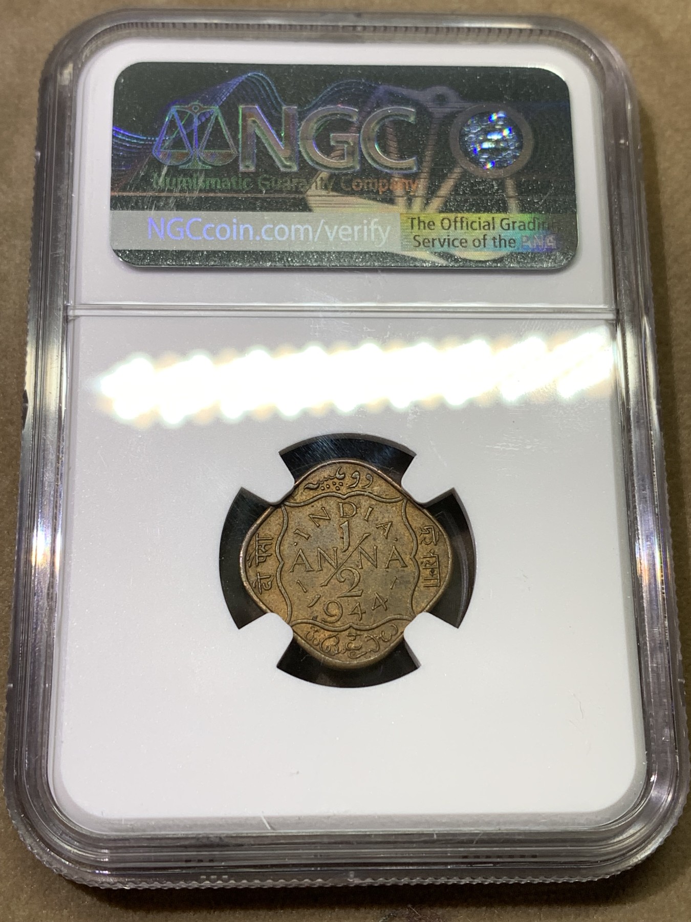 《竞宝斋》第180场-周日，周一2场 (全场包邮) NGC MS61 英属印度1944乔治六世1/2 ANNA 铜币