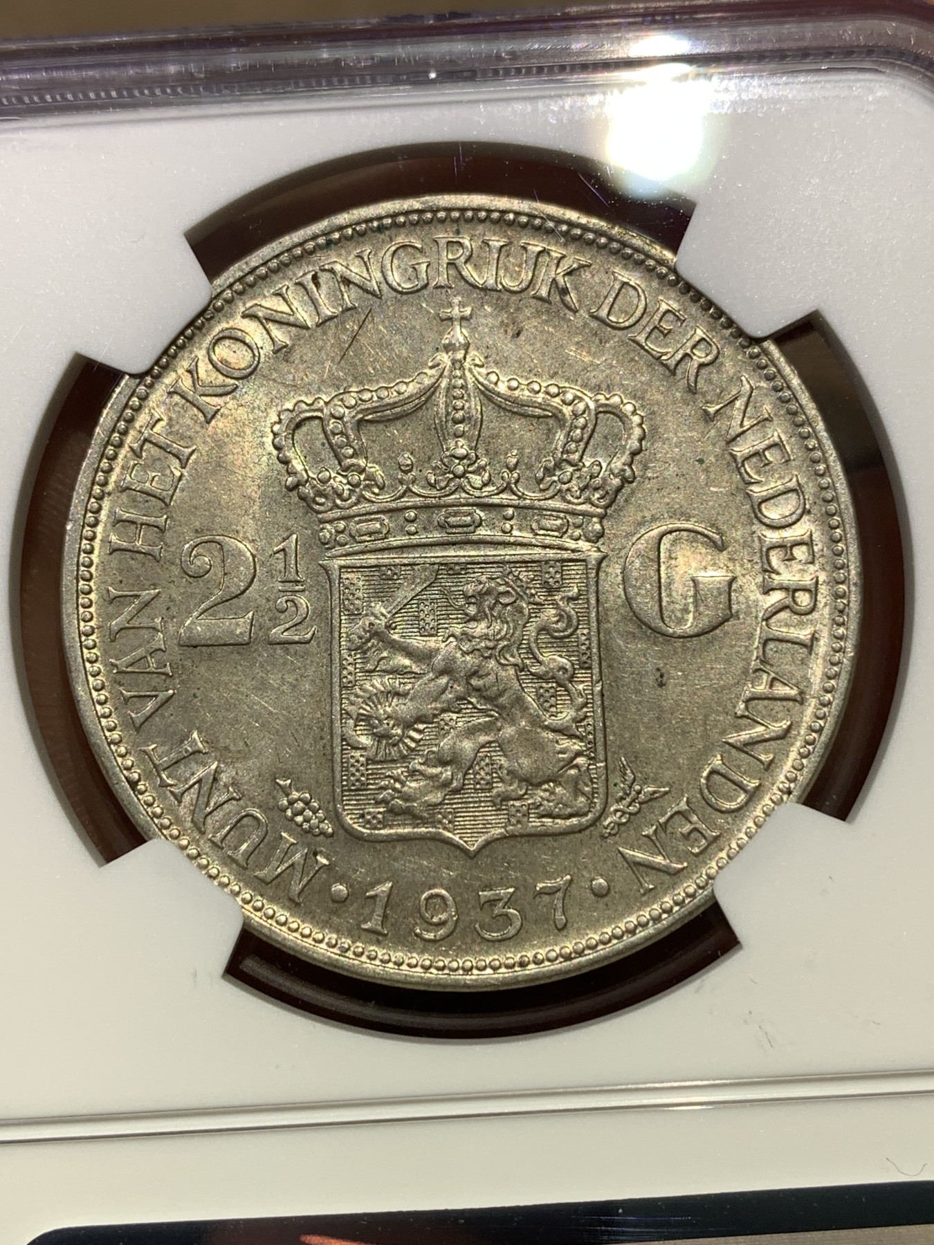 《竞宝斋》第180场-周日，周一2场 (全场包邮) NGC-MS61 荷兰1937年 威廉米娜女王 2.5盾大银币