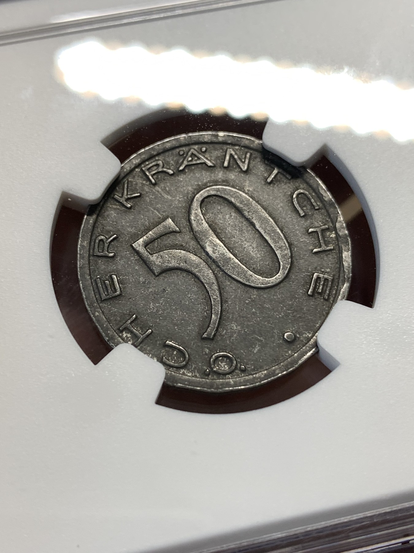 《竞宝斋》第180场-周日，周一2场 (全场包邮) NGC-MS62 德国紧急状态货币名誉品，1920年亚琛鹰头50芬尼铁币，好品难寻，银光闪闪，鹰头威风凛凛，惟妙惟肖