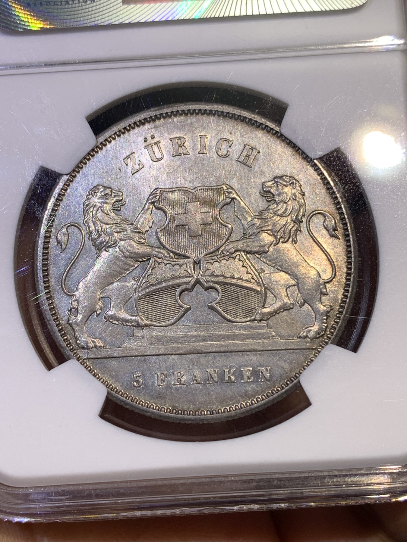 《竞宝斋》第180场-周日，周一2场 (全场包邮) NGC MS62 瑞士射击节1859年苏黎世5法郎银币 经典设计 只有6000枚的发行量