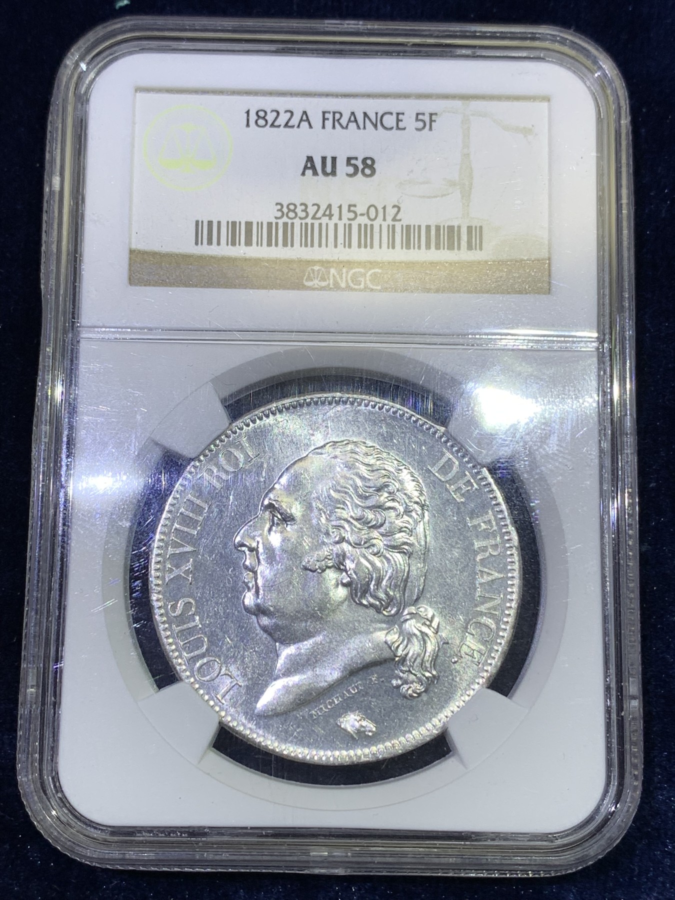 《竞宝斋》第180场-周日，周一2场 (全场包邮) NGC AU58法国1822年波旁王朝国王路易十八5法郎银币 不多的年份 整体白净 老盒评级