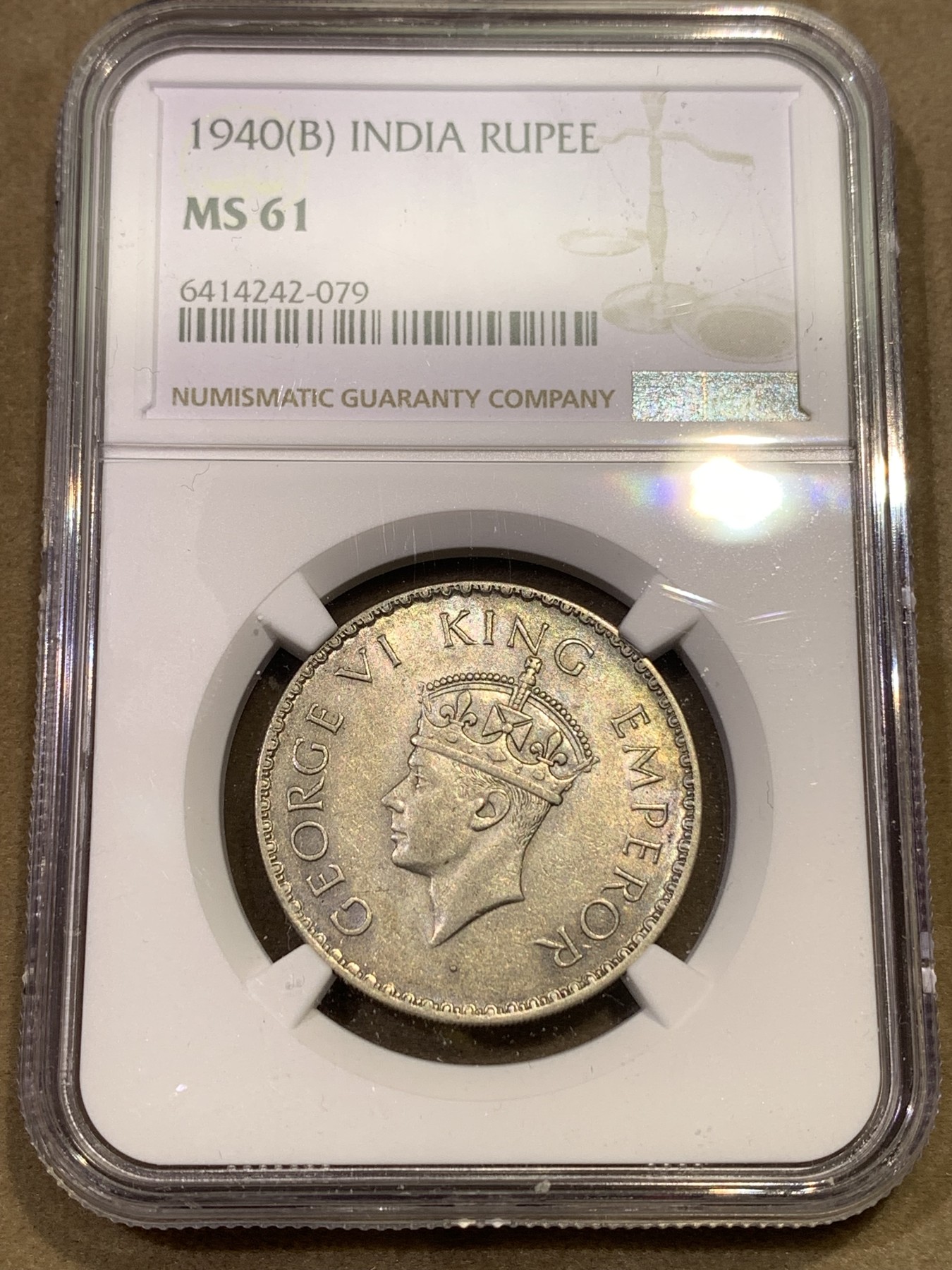 《竞宝斋》第180场-周日，周一2场 (全场包邮) NGC-MS61 印度 1940B 乔治六世 1卢比银币