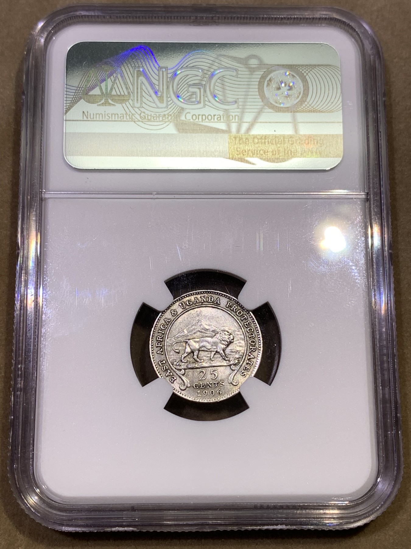 《竞宝斋》第180场-周日，周一2场 (全场包邮) NGC-UNCD 英属东非1906年爱德华七世25分银币，少见早期高银品种。