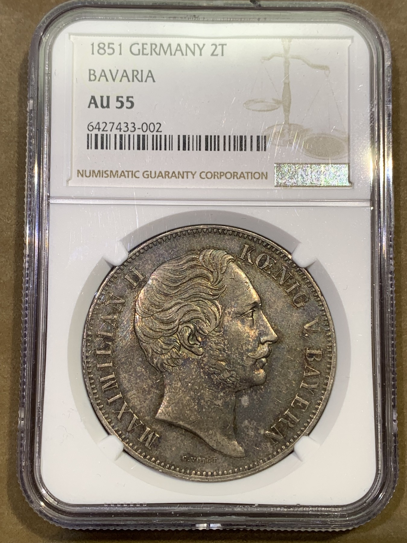 《竞宝斋》第180场-周日，周一2场 (全场包邮) NGC-AU55 1851年德国巴伐利亚双师2泰勒银币，原味包浆。