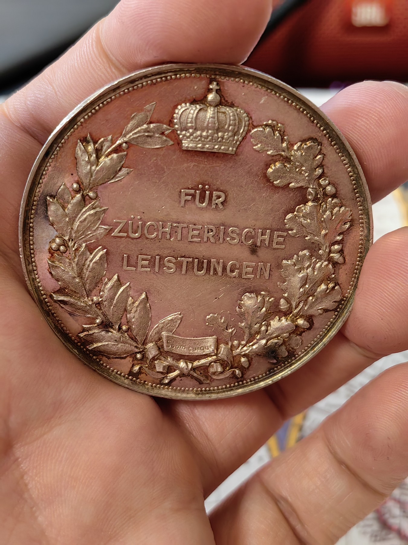 橡树集藏-006场 海纳百川 1887年普鲁士高级成就银章，家庭农场。51.2mm，60g。镜面工艺绚丽包浆。高浮雕。正面的动物雕刻非常漂亮。，