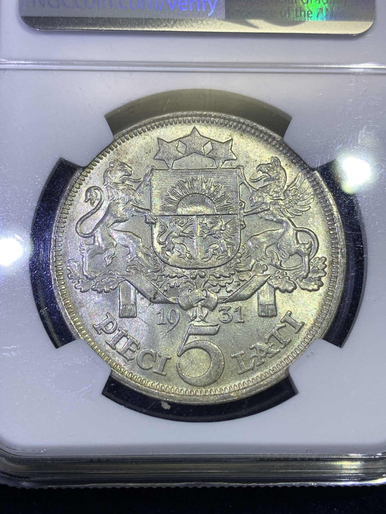 《竞宝斋》第180场-周日，周一2场 (全场包邮) NGC-MS63 1931拉脱维亚5拉特银币，拉脱维亚上MS63不易，BU级转光，未清洗卷拆品相，微微淡黄色包浆