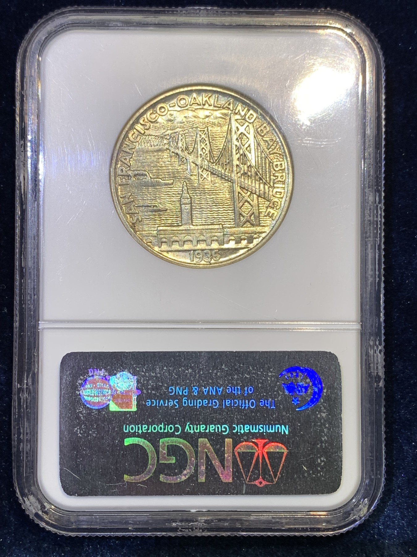 《竞宝斋》第180场-周日，周一2场 (全场包邮) NGC-MS66 美国 1936年 海湾大桥 半美元 纪念银币 设计精美 高分老盒 一步到位的收藏