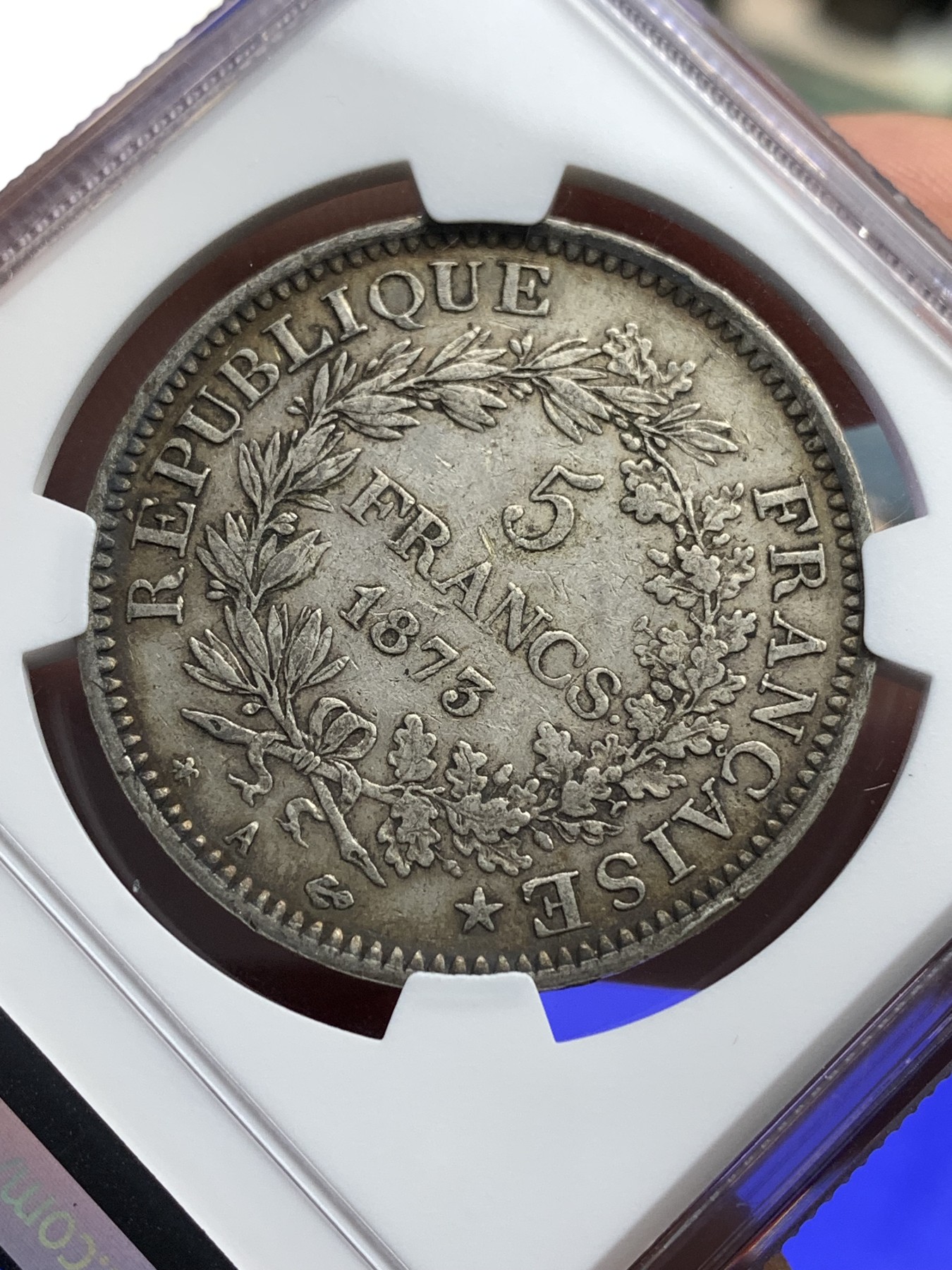 《竞宝斋》第180场-周日，周一2场 (全场包邮) NGC XF45 法国1873A大力神5法郎银币 厚黑包浆