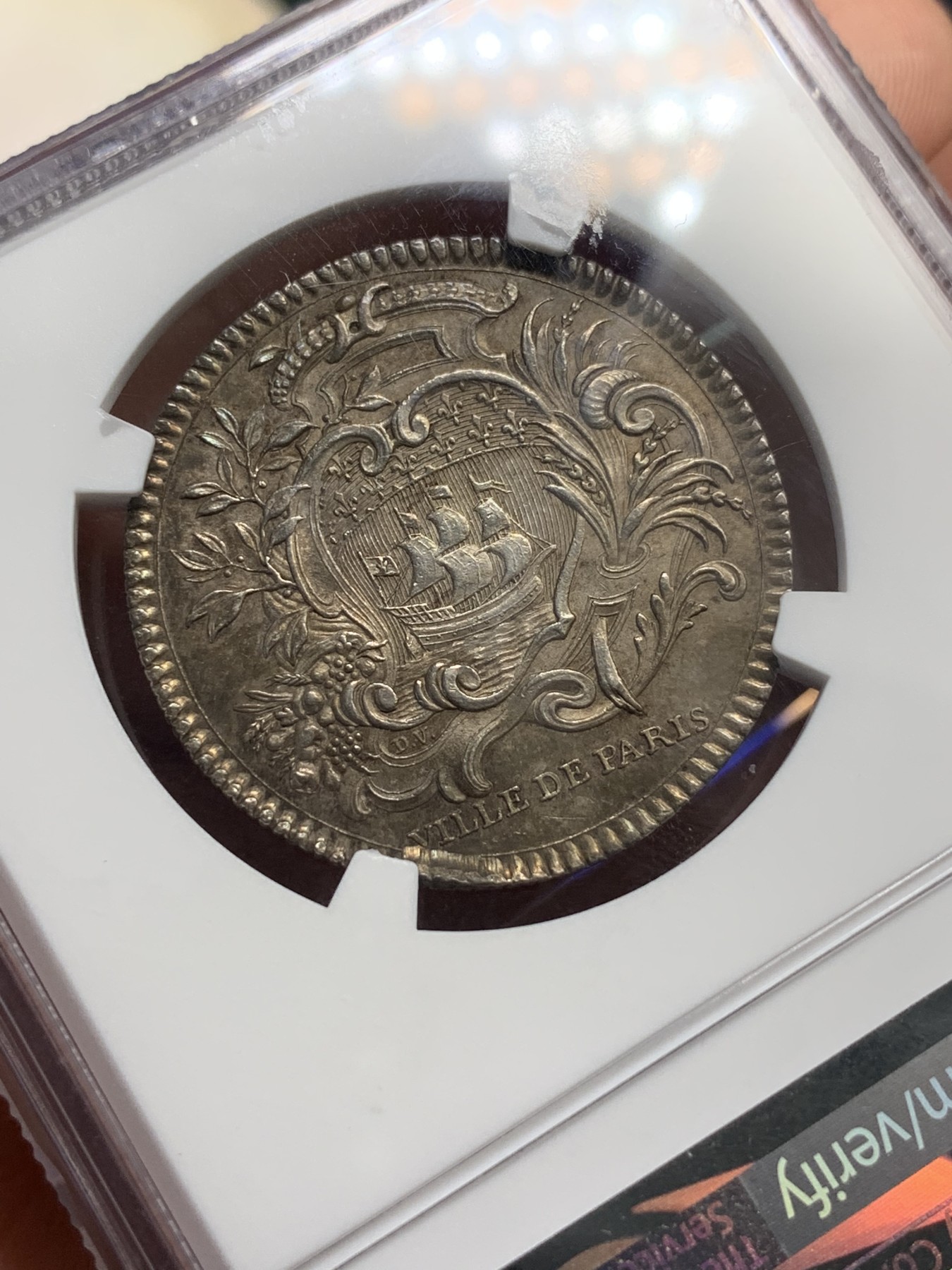 《竞宝斋》第180场-周日，周一2场 (全场包邮) NGC AU58 法国1740Vastan侯爵银制代用币 原味包浆 早期难得