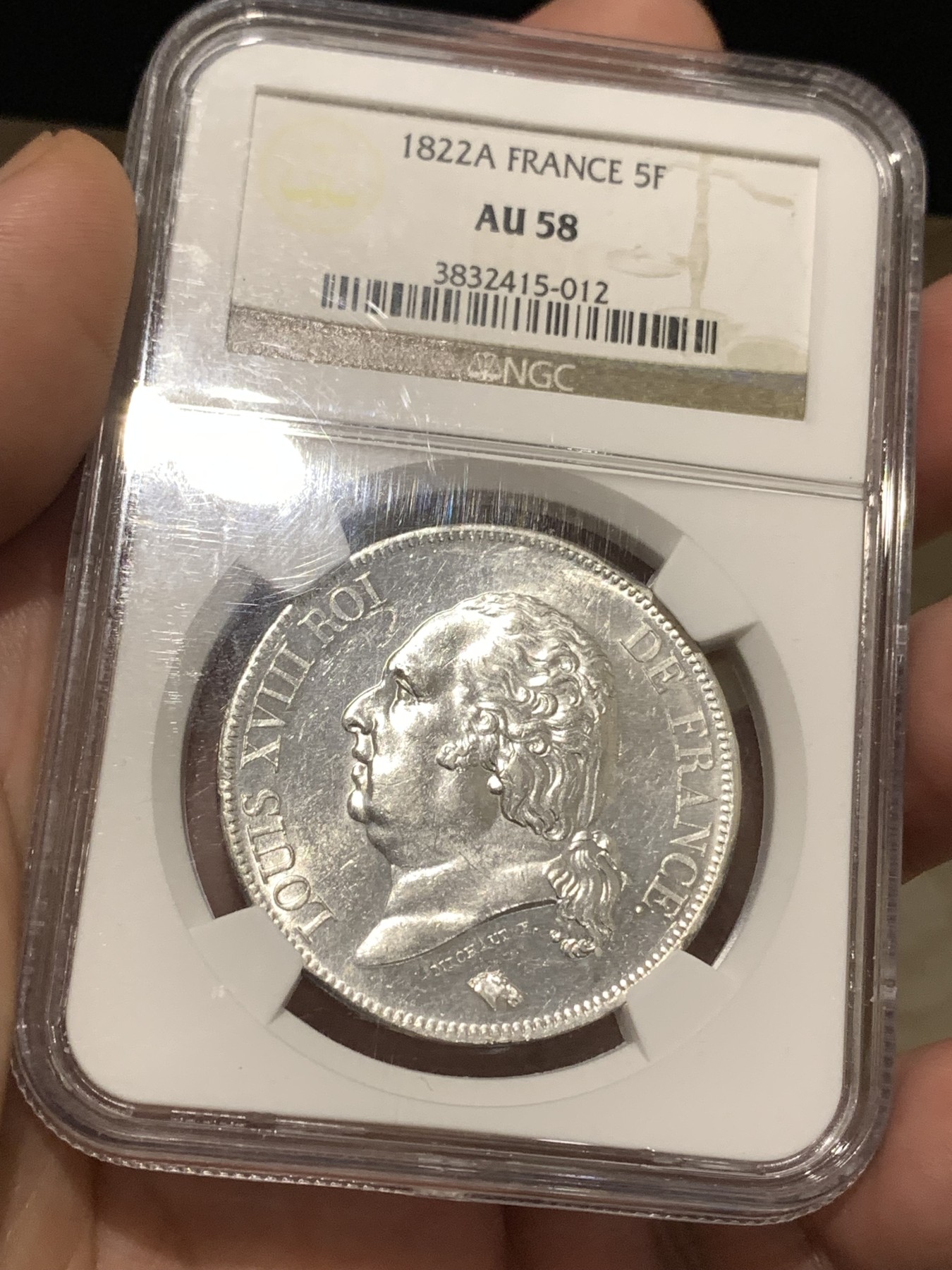 《竞宝斋》第180场-周日，周一2场 (全场包邮) NGC AU58法国1822年波旁王朝国王路易十八5法郎银币 不多的年份 整体白净 老盒评级