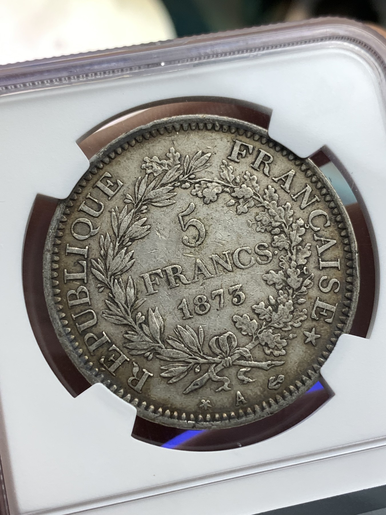 《竞宝斋》第180场-周日，周一2场 (全场包邮) NGC XF45 法国1873A大力神5法郎银币 厚黑包浆