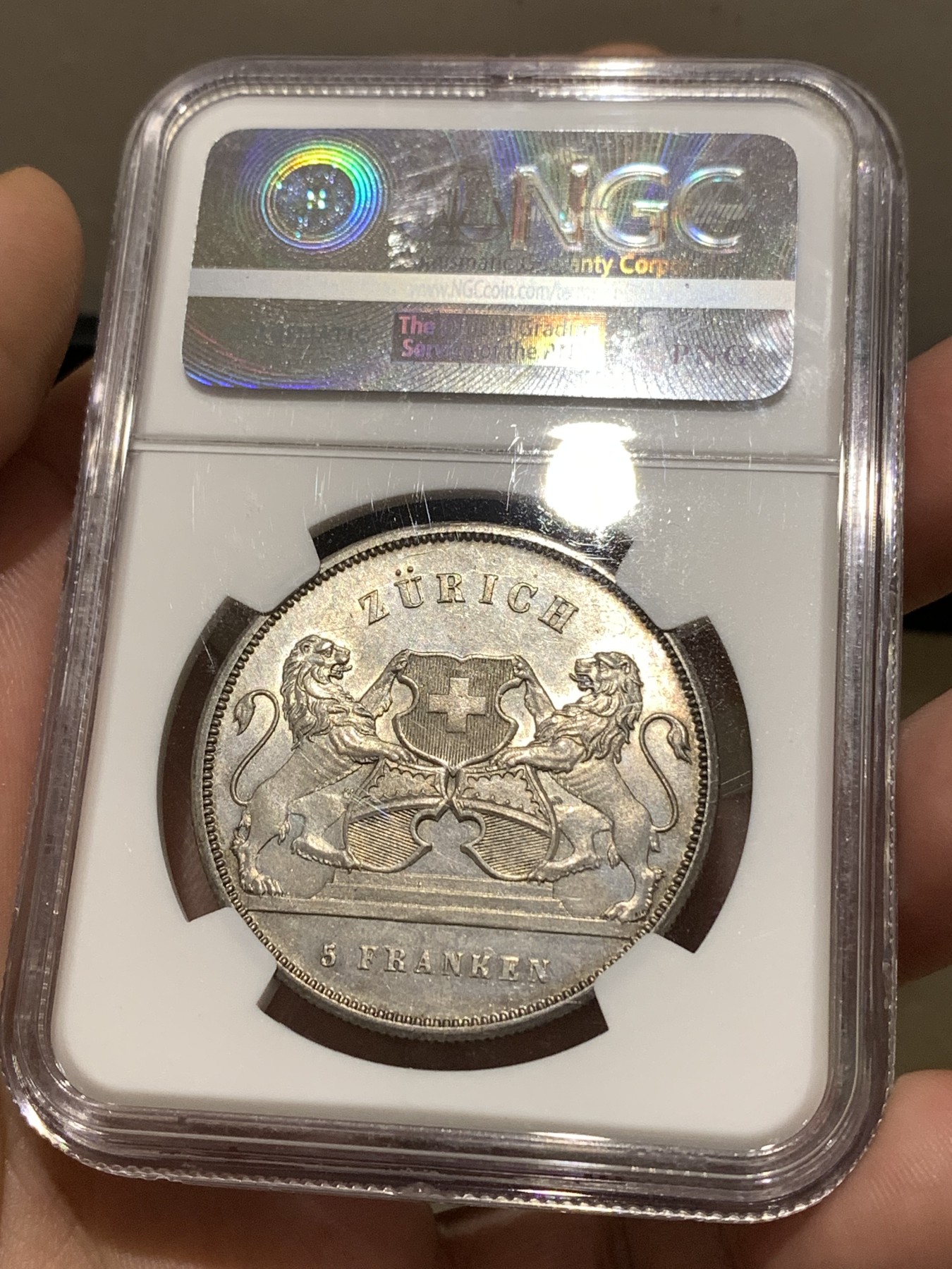 《竞宝斋》第180场-周日，周一2场 (全场包邮) NGC MS62 瑞士射击节1859年苏黎世5法郎银币 经典设计 只有6000枚的发行量