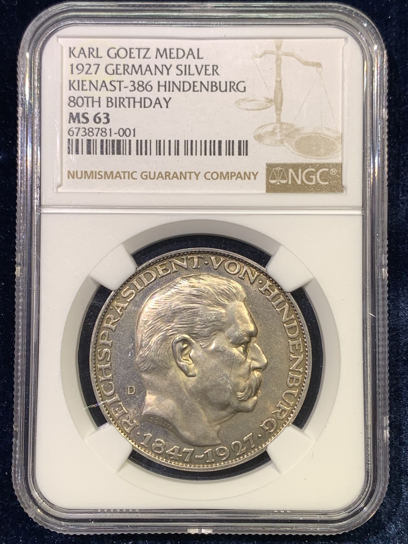 《竞宝斋》第180场-周日，周一2场 (全场包邮) NGC-MS63 德国 1927D年 兴登堡80大寿银币蓝紫彩镜面光 5马克币型章 哥茨作品