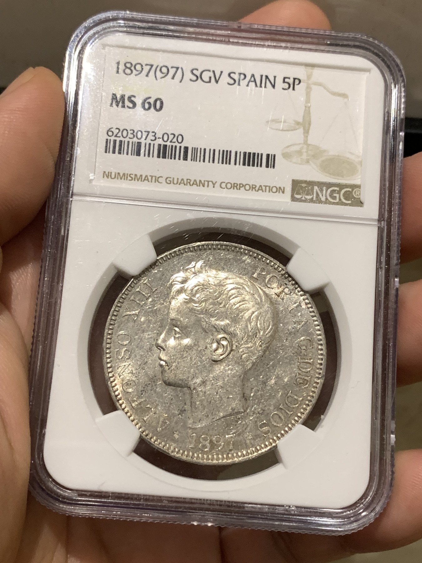 《竞宝斋》第180场-周日，周一2场 (全场包邮) NGC-MS60 西班牙 双柱 1897（97）阿方索十三世 5比塞塔银币