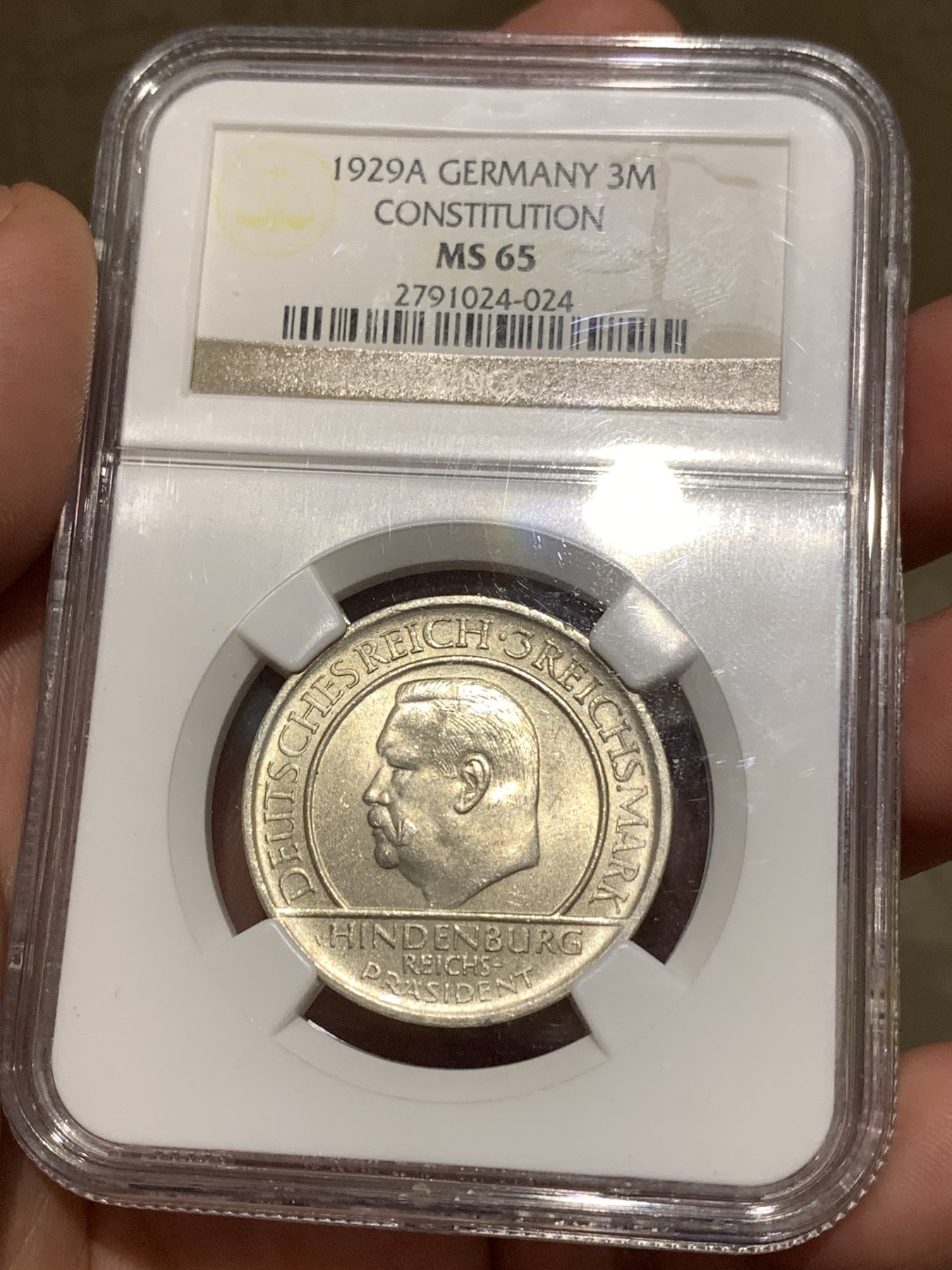 《竞宝斋》第180场-周日，周一2场 (全场包邮) NGC-MS65 魏玛德国1929年宪法十周年3马克纪念银币 少见高分