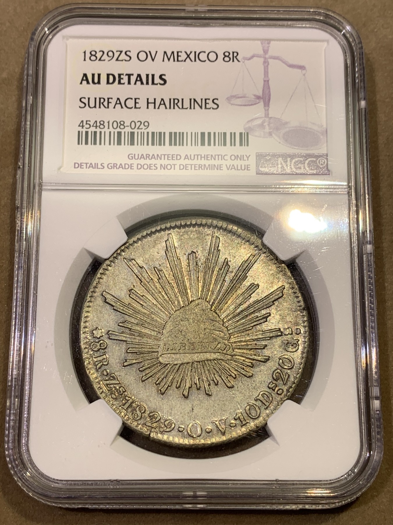 《竞宝斋》第180场-周日，周一2场 (全场包邮) NGC-AUD 墨西哥 鹰洋 1829 ZS OV 8瑞尔 早期鹰 四级鹰 极少见 AU级别更是难得