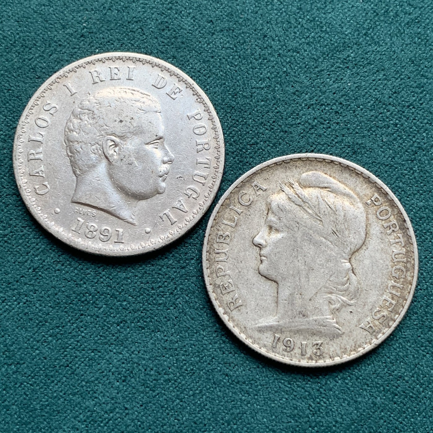 《竞宝斋》第180场-周日，周一2场 (全场包邮) 两枚一组 1891年葡萄牙500R+1913年葡萄牙50C银币。