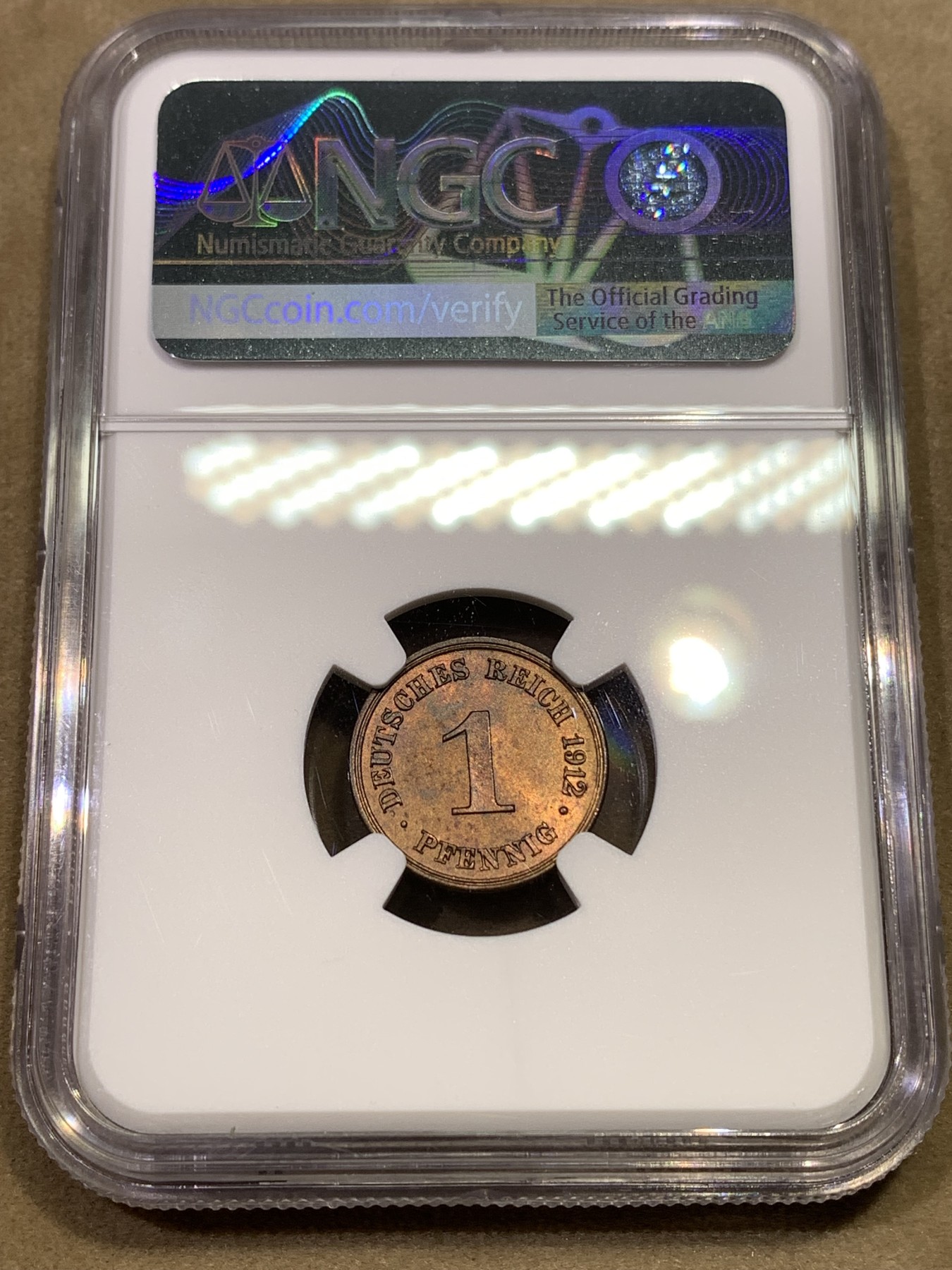 《竞宝斋》第180场-周日，周一2场 (全场包邮) NGC-MS64亚军 德国德意志第二帝国1912年G版1芬尼铜币