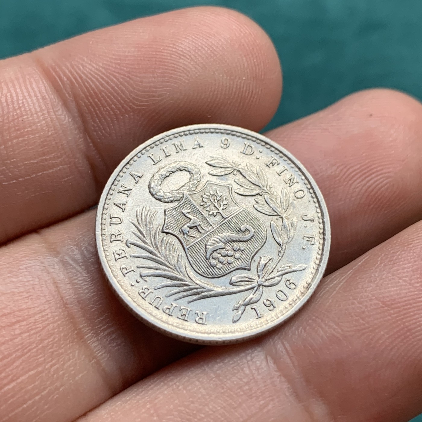 《竞宝斋》第180场-周日，周一2场 (全场包邮) 秘鲁1906年1/5索尔银币，900银 非常少见的面值