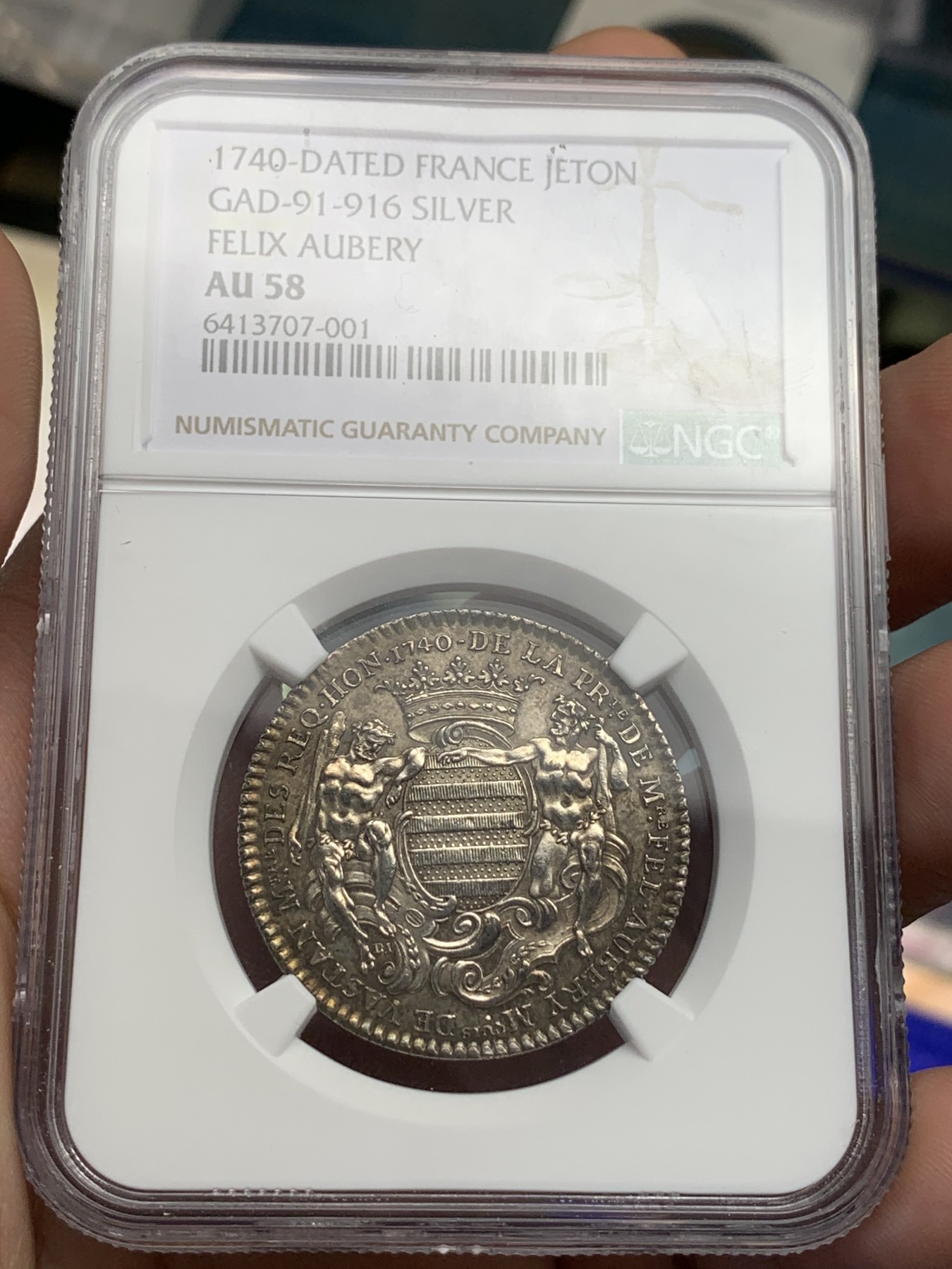 《竞宝斋》第180场-周日，周一2场 (全场包邮) NGC AU58 法国1740Vastan侯爵银制代用币 原味包浆 早期难得