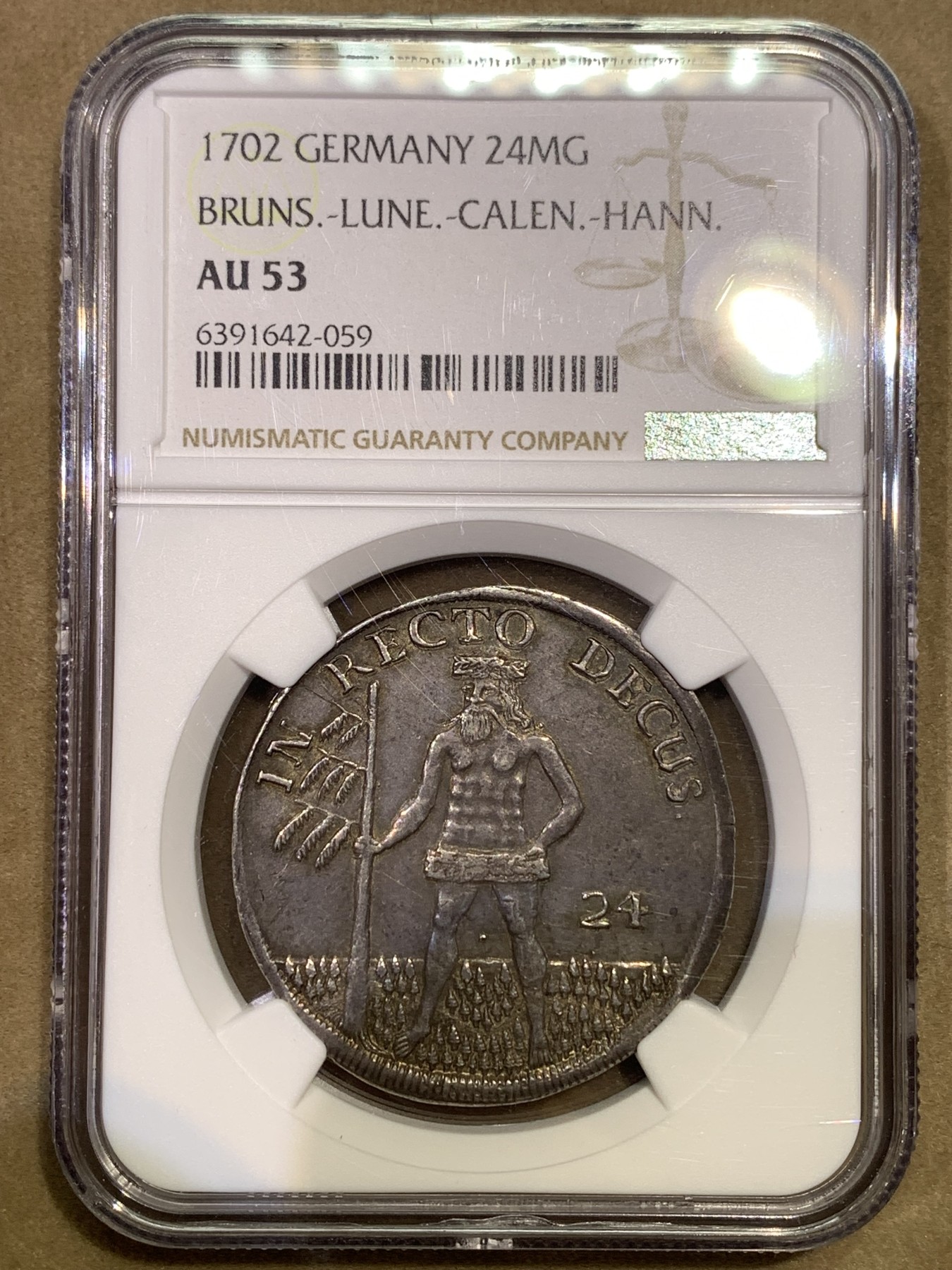 《竞宝斋》第180场-周日，周一2场 (全场包邮) NGC-AU53季军 德国布伦瑞克1702年野人24格罗申(2/3泰勒)银币